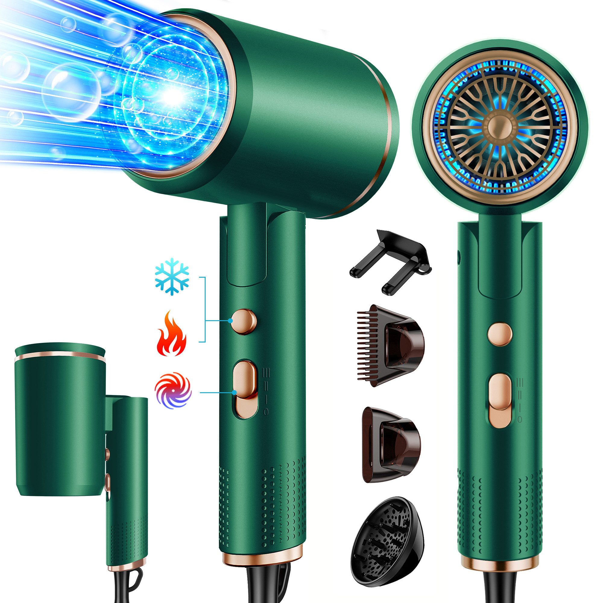 Luckice Haartrockner Haartrockner Föhn Ionen,klappbar,mit 3 Stylingdüse, 2400 W, Schnelltrocknen Hair Dryer Mit 6 Temperatureinstellungen, Reiseföhn Hairdryer Frisuren Zubehör Reisehaartrockner