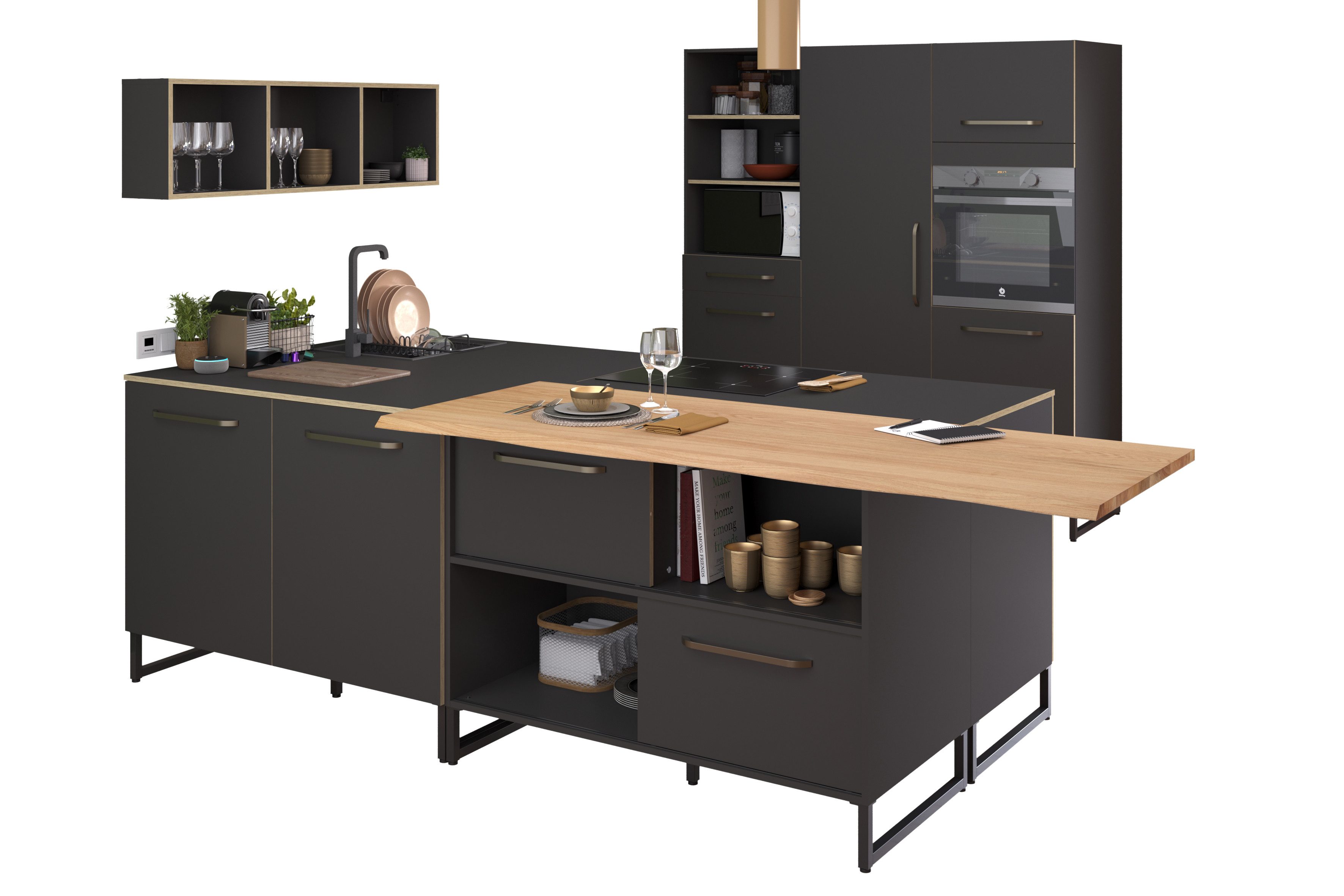 Parisot Küchenzeile Wave in Dunkel Grau und Eiche, (Komplett Set), Softclose-Schubkästen, Melaminbeschichtet
