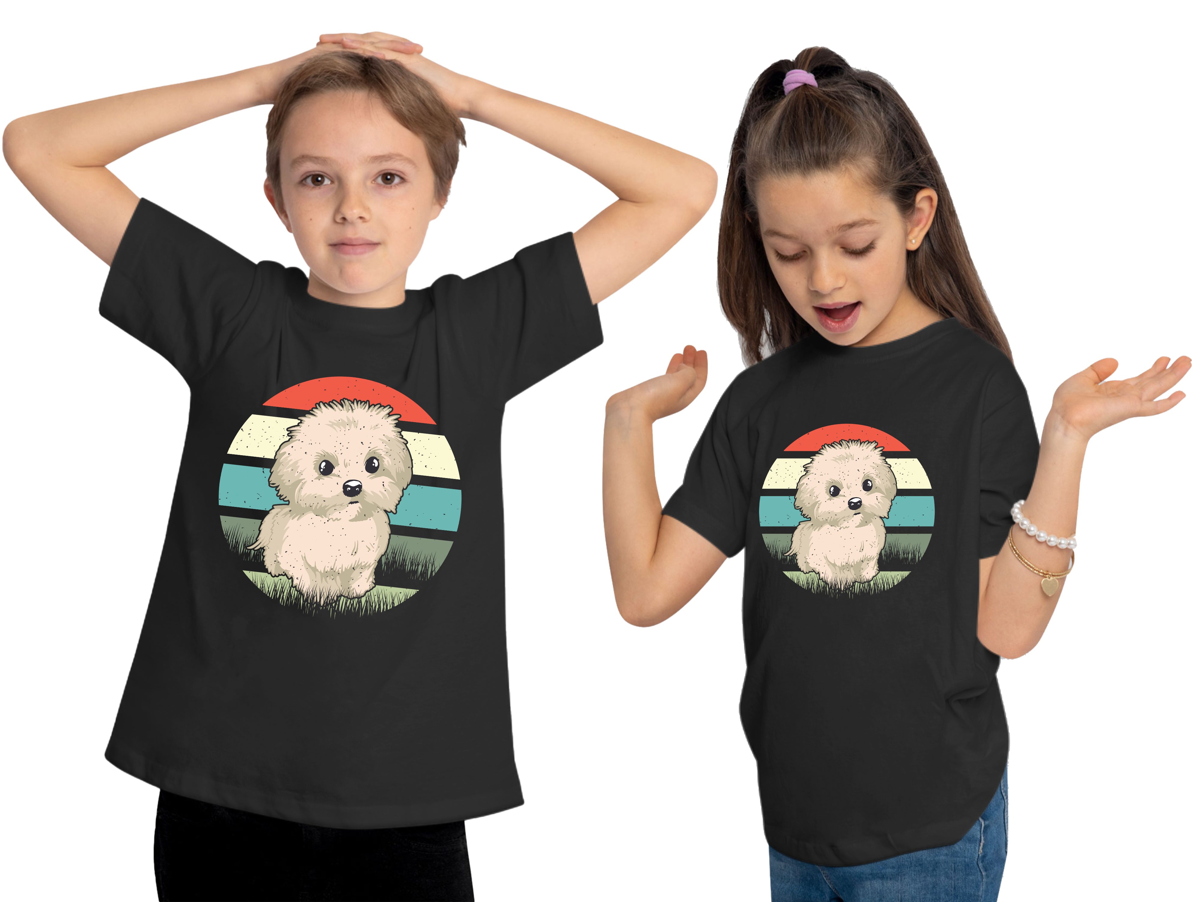 Baumwollshirt Malteser T-Shirt Hunde bedruckt schwarz Welpen Retro Kinder - i242 MyDesign24 mit Print-Shirt Aufdruck,
