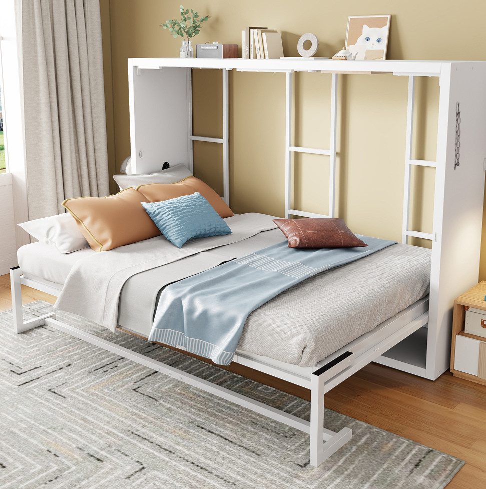 MODFU Funktionsbett klappbares Faltbett mit sicherer Verriegelung an der Wand, Gästebett (140x200 cm Doppelbett mit stabilem Metallrahmen und Holzpaneel), ohne Matratze