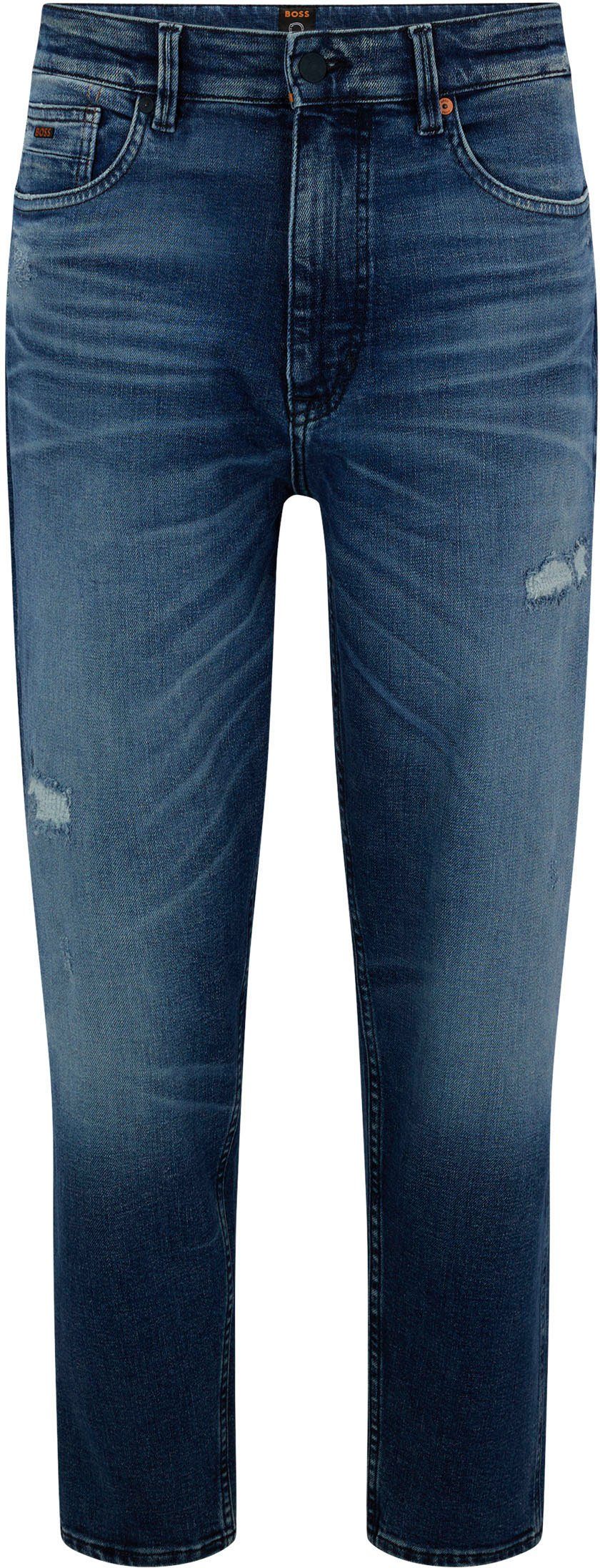 Destroyed-Jeans BOSS mit ORANGE Saum hinten Leder-Badge am
