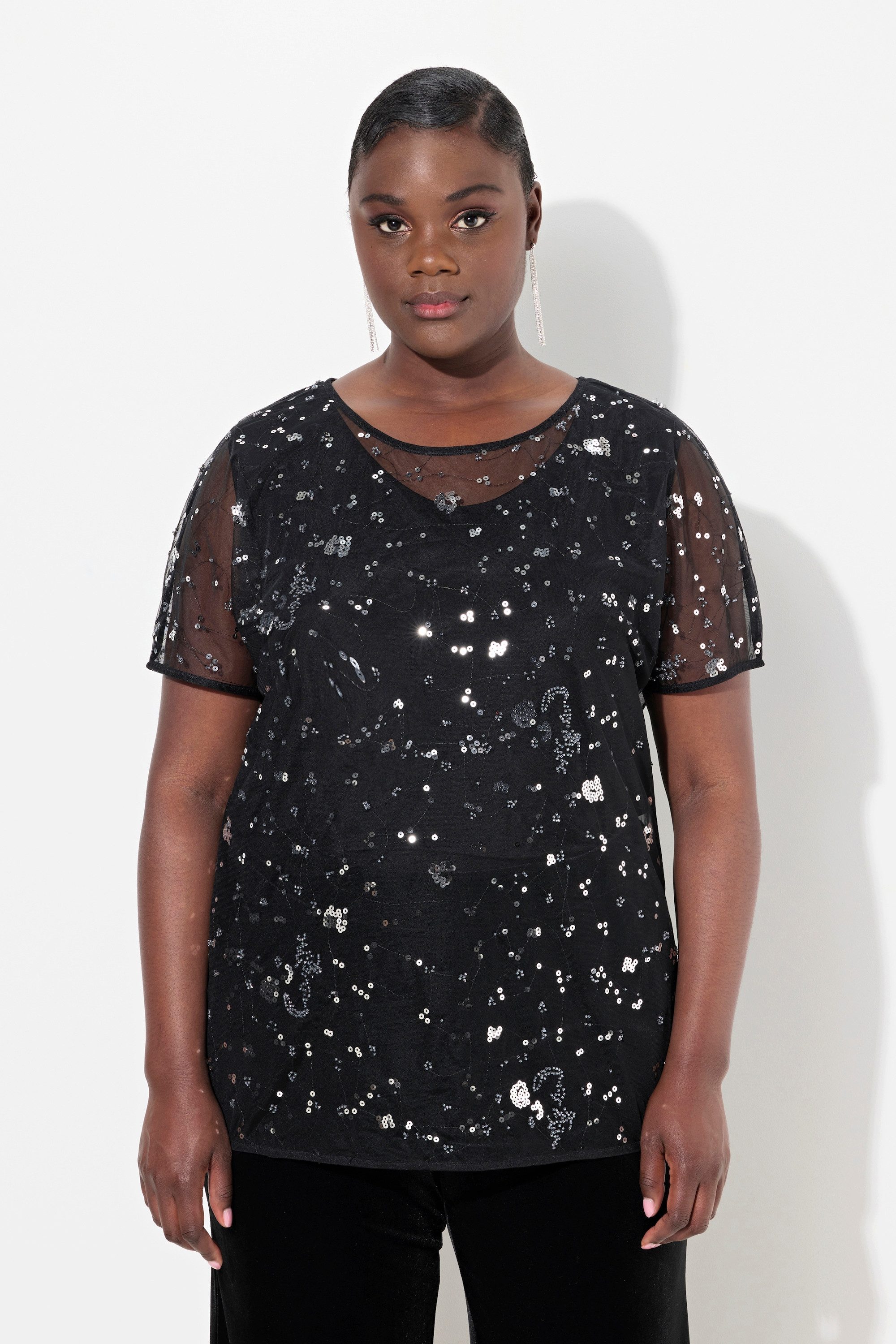 Druckbluse Meshbluse oversized Pailletten Ziersteine Halbarm
