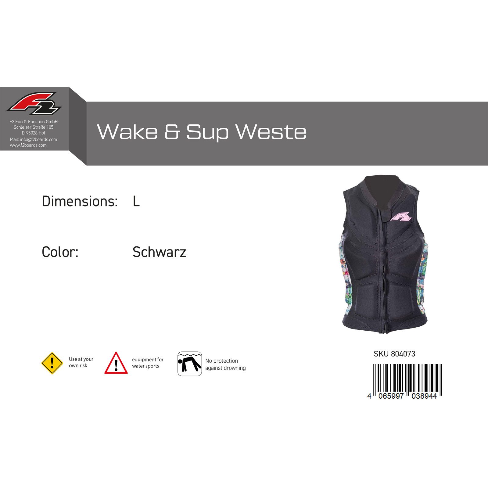 F2 Prallschutzweste F2 Damen Prallschutz Weste Wake & Sup Weste L Schwarz 2024/25 – Bild 2 von 4