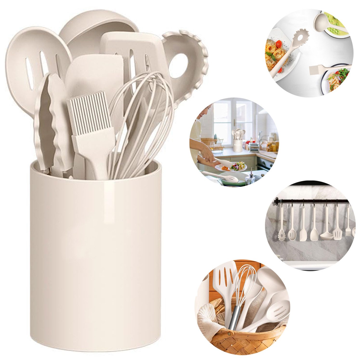 MODFU Kochbesteck-Set 12-teiliges Silikon Kochutensilien Kochbesteck Set (Silikonspatel Kochgeschirr Set mit Utensilienhalter, 1-tlg., hitzebeständig, BPA-freie Utensilien, antihaftbeschichtet), Einteiliges Design und Leicht zu reinigen