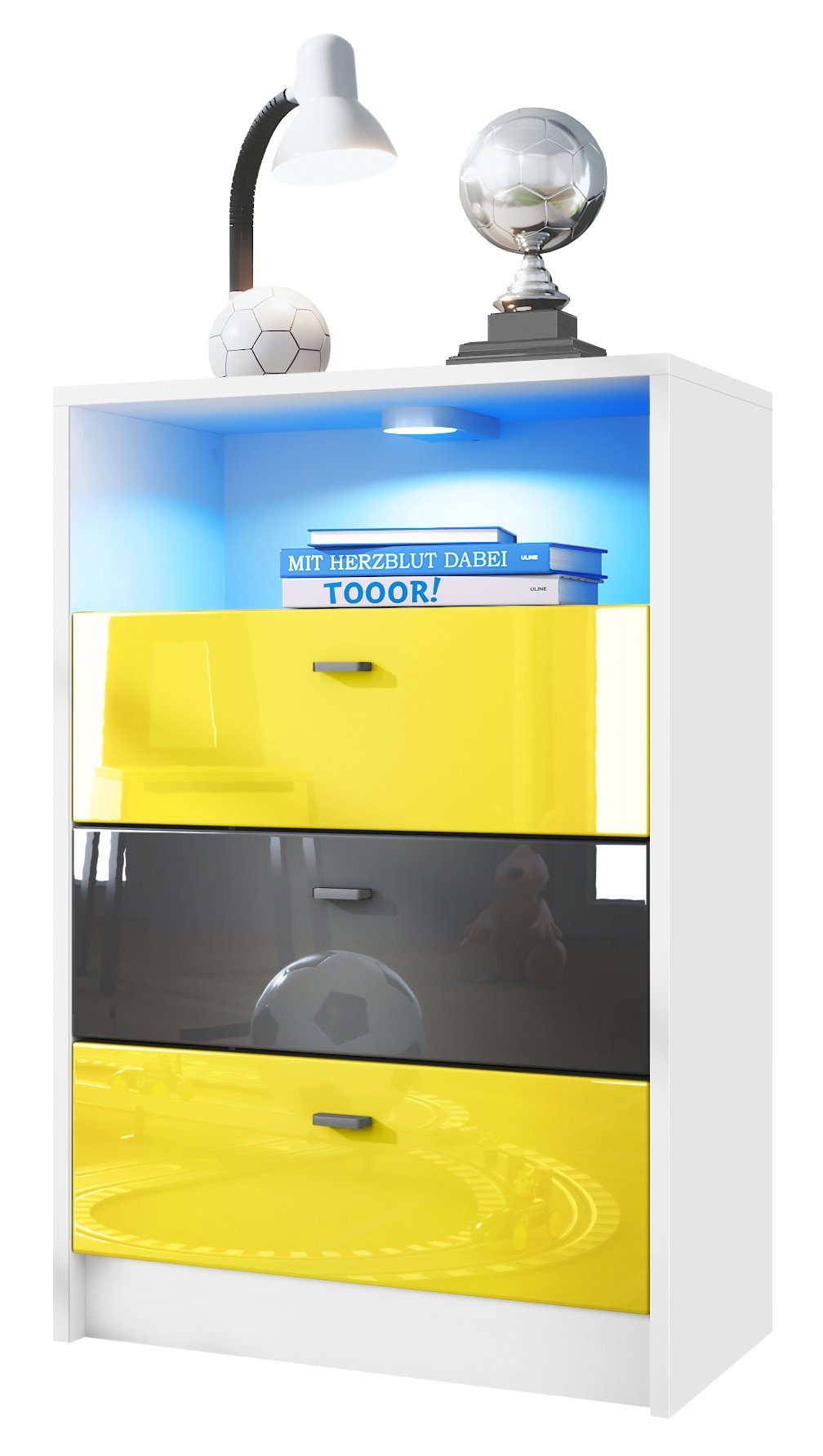 Vladon Kommode Pino V2 (Anrichte, mit 3 Schubladen inkl. RGB LED Beleuchtung), Fußball Liga Dresden - Gelb, Schwarz & Gelb glänzend (56x86,5x36 cm)