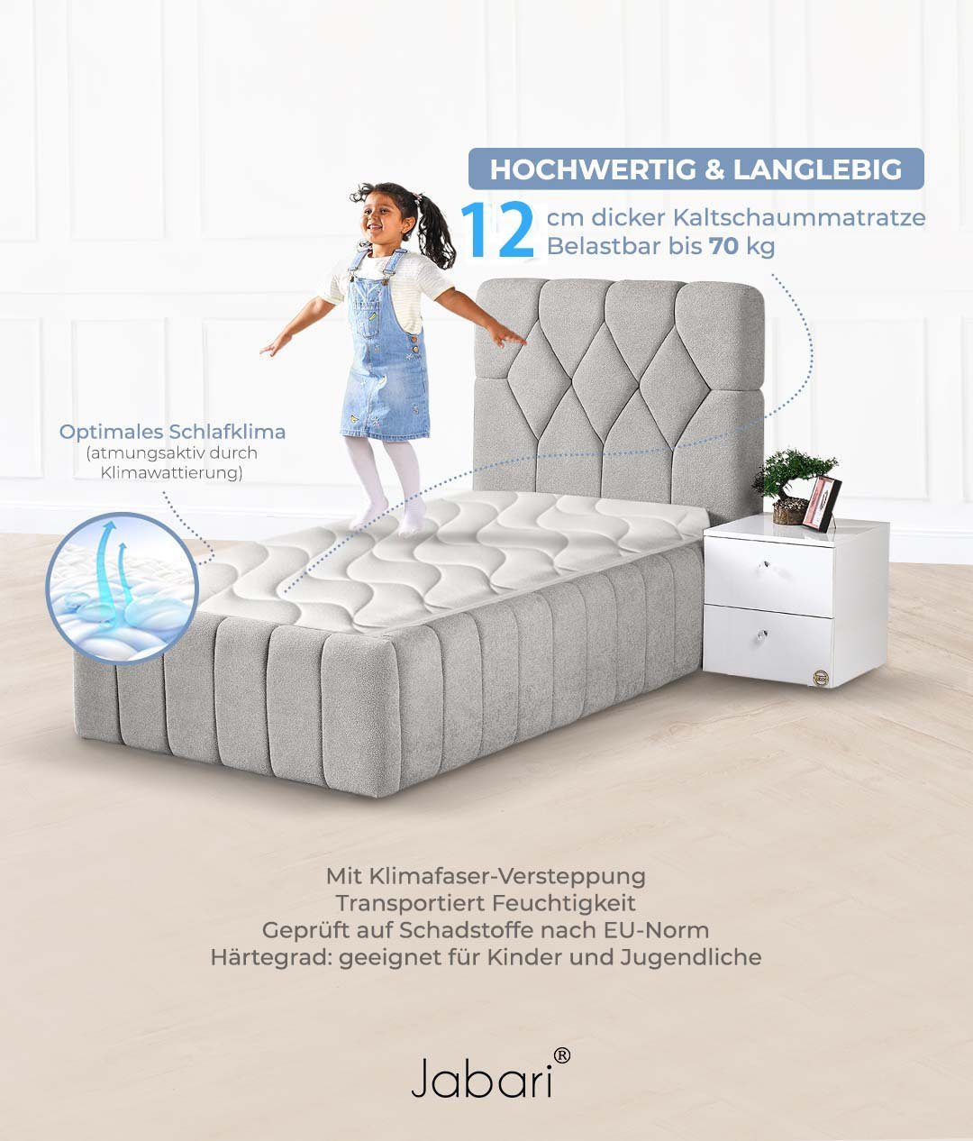 Kindermatratze SUSU, Jabari, 12 cm hoch, (Babymatratze 70x140 cm für Babybett oder Wiege I Kindermatratze 70x140 Jugendmatratze mit Hochwertige Qualität Bezug), Belastbar bis 70kg,Optimales Schlafklima ATMUNGSAKTIV durch KLIMAWATTE