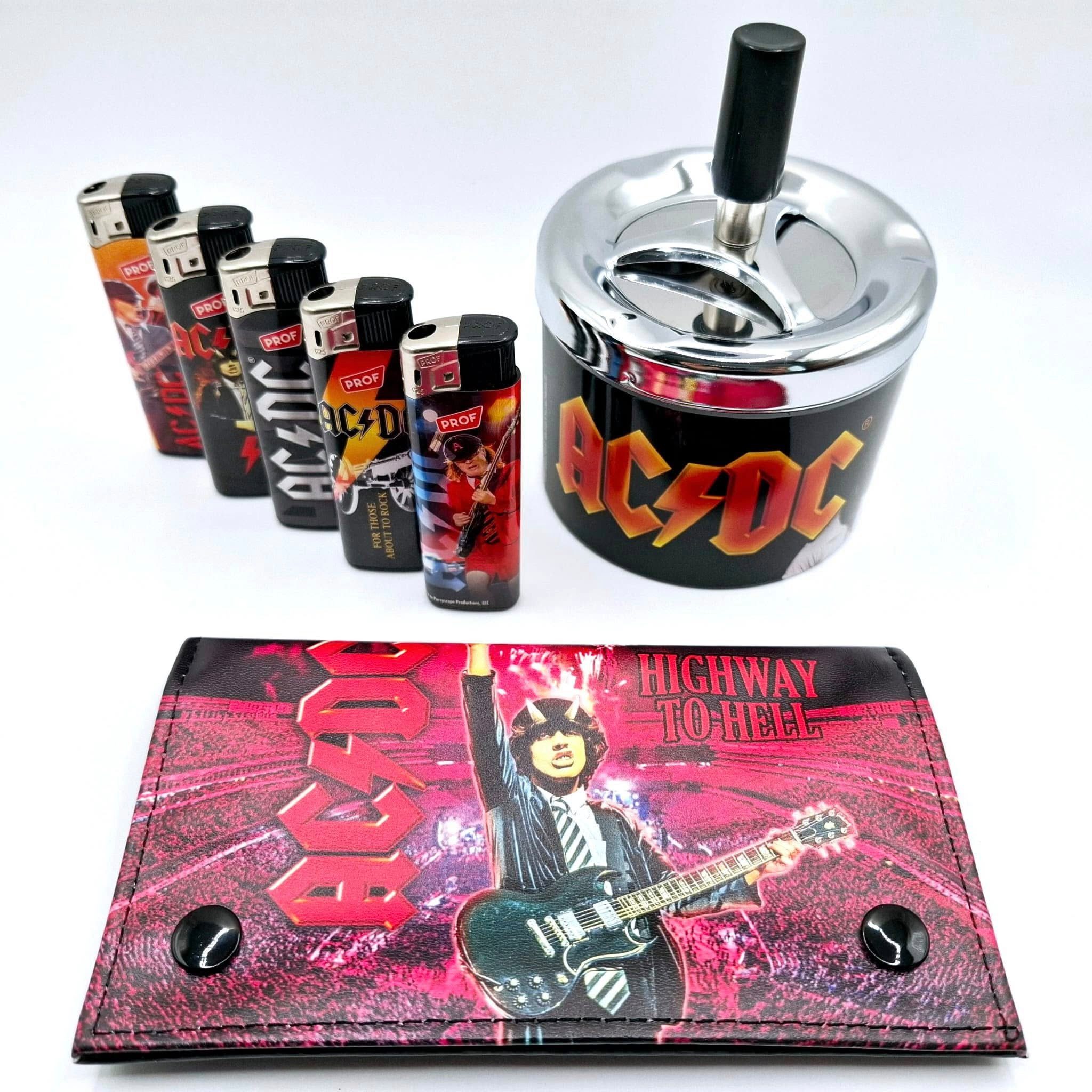 AC/DC Feuerzeuge Drehaschenbecher und Drehertasche im Geschenkset (5x Mehrwegfeuerzeug, Drehascher, Drehertasche), 7 teiliges Geschenkset für AC/DC Raucher Fans