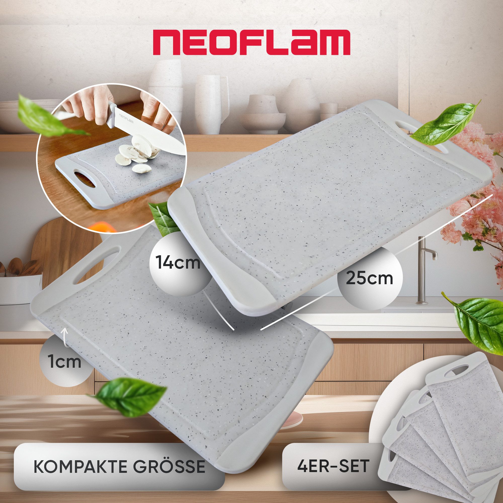 NEOFLAM® Schneidebrett Flutto Antibakterielles Frühstücksbrettchen Set 4tlg. - Granitgrau, Kunststoff (PP), (4-St)