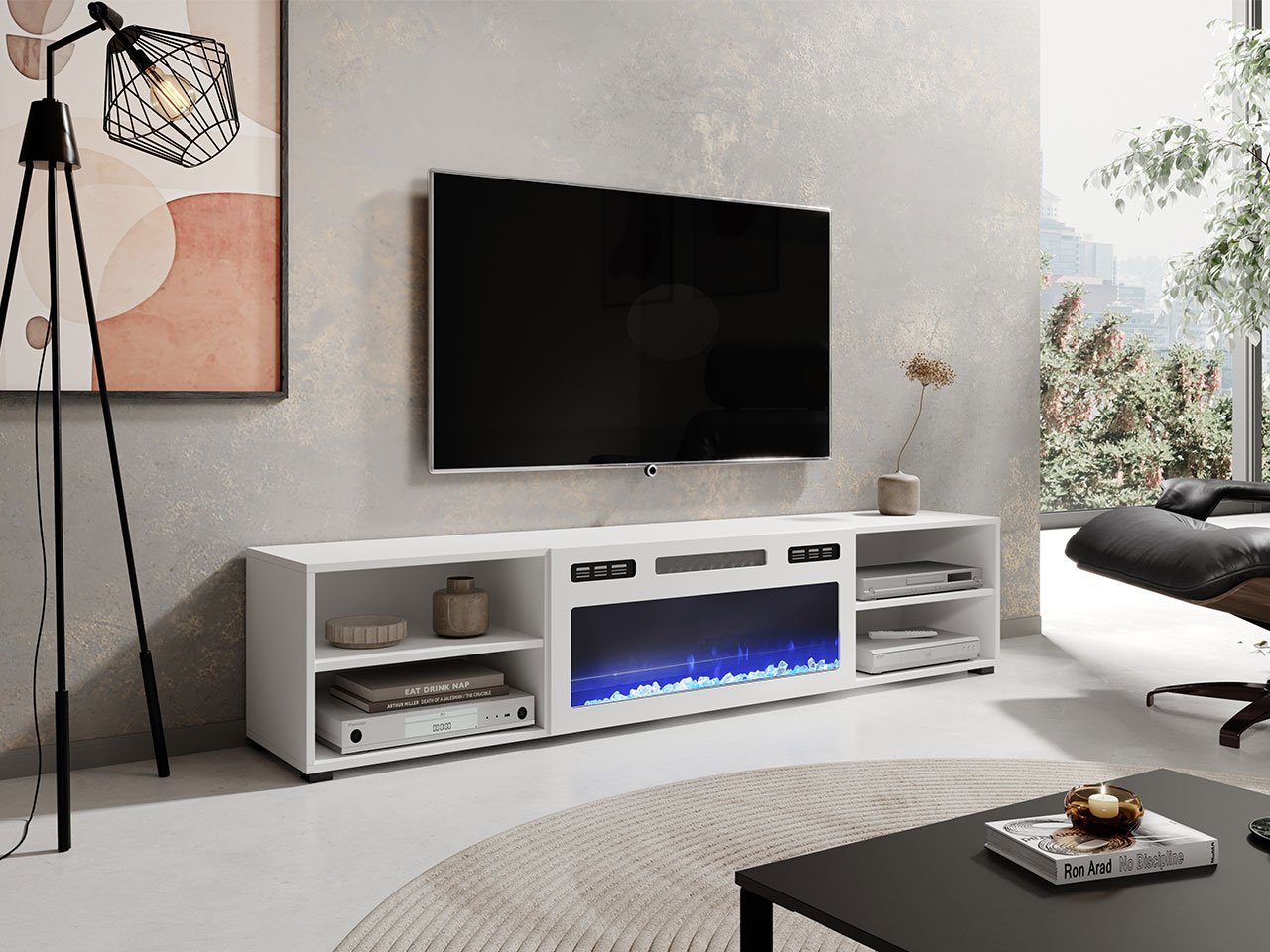 Mirjan24 TV-Schrank Polo 180 (mit Elektrische Kamin) Realistische LED-Flamme, Gehärtetes Glas, 180x33x39 cm Weiß / Weiß + Weiß Hochglanz
