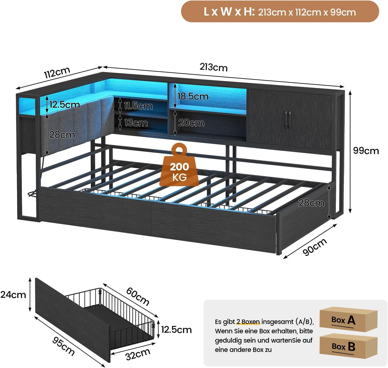 KIMENICH Polsterbett Jugendbett, Schlafsofa mit LED-Beleuchtung und USB-Ladestation (1-tlg., Ohne Matratze), Tagesbett mit Lattenrost aus Metall und 2 Schubladen, 90x190cm