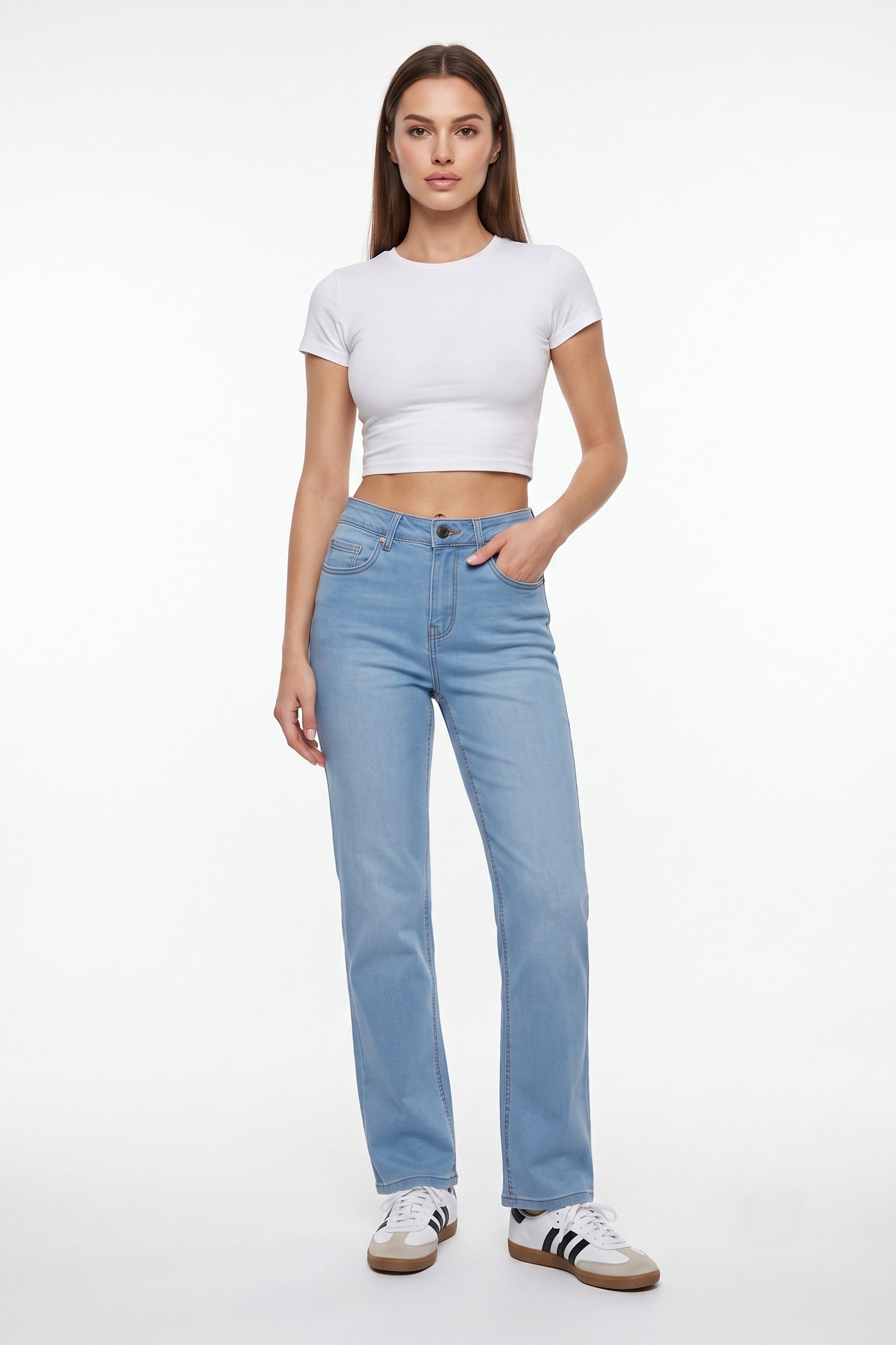 ESRA Straight-Jeans High Waist Damen Jeans Stretch Hose aus superweicher Baumwolle Straight Jeans Damen Stretch Jeanshose High Waist bis Große Größe