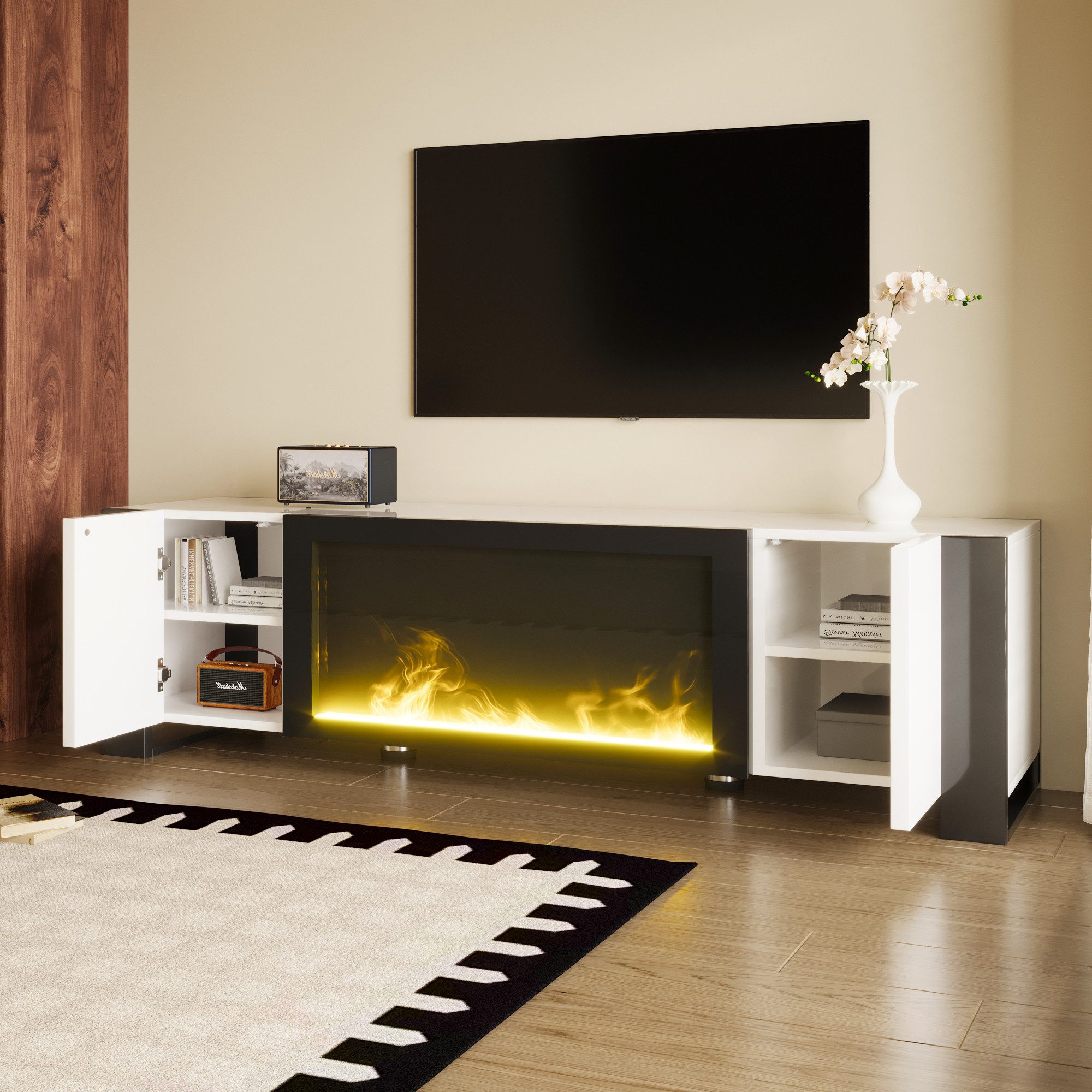 Odikalo TV-Schrank TV-Bank Lowboard Fernsehschrank Sideboard Flammeneffekt Weiß Schwarz 165L*55 H*32Bcm