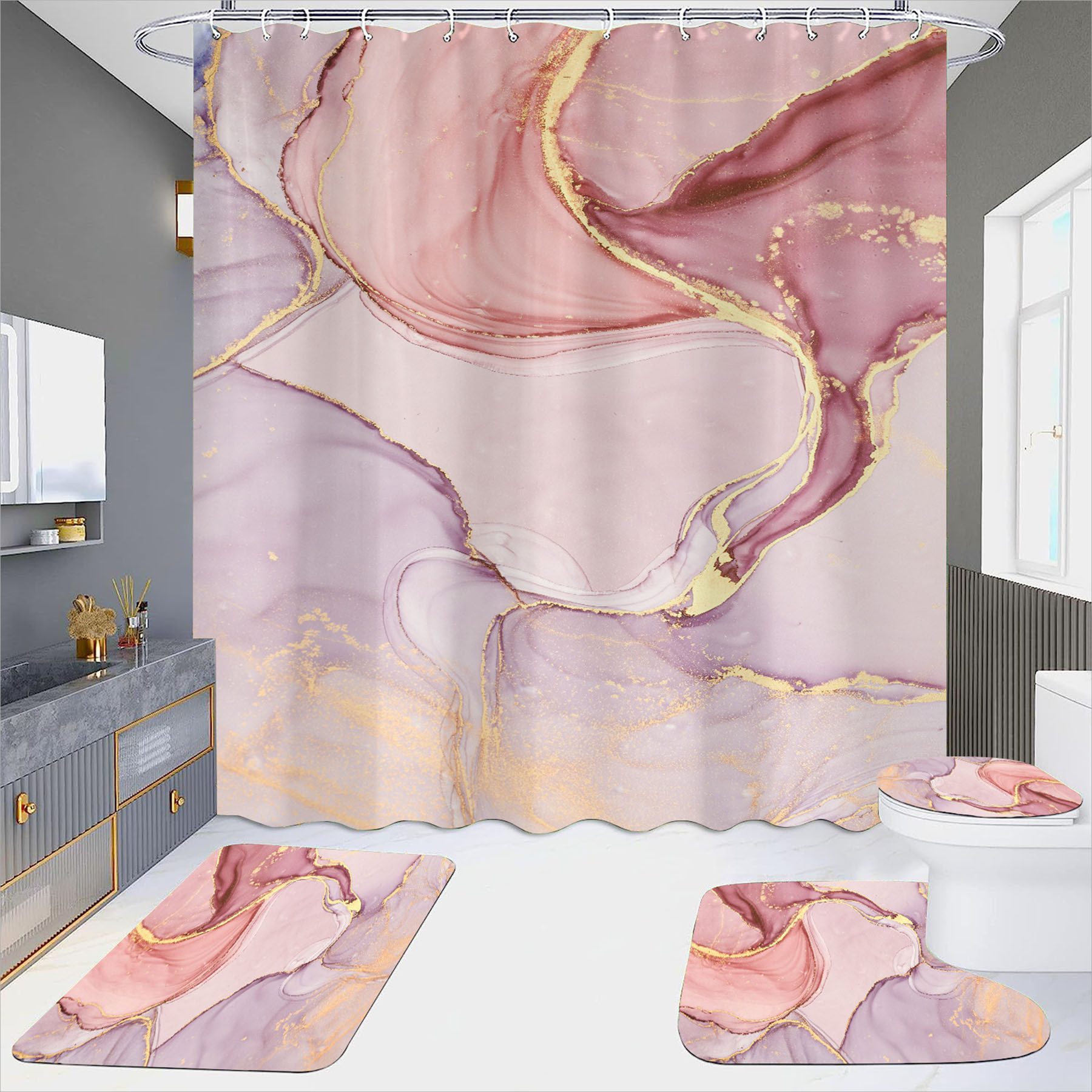 Mutig Duschvorhang Duschvorhang 180x180cm Marmor, Beschwerter Saum Antischimmel Textil (Waschbar Polyester Stoff Badevorhänge mit 12 Duschvorhangringen, Duschvorhang ohne Bohren,Wasserabweisender dekorativer Vorhang), Perfekt für Badezimmer, Wohnzimmer, Büro, Küche, Hotel und Camping