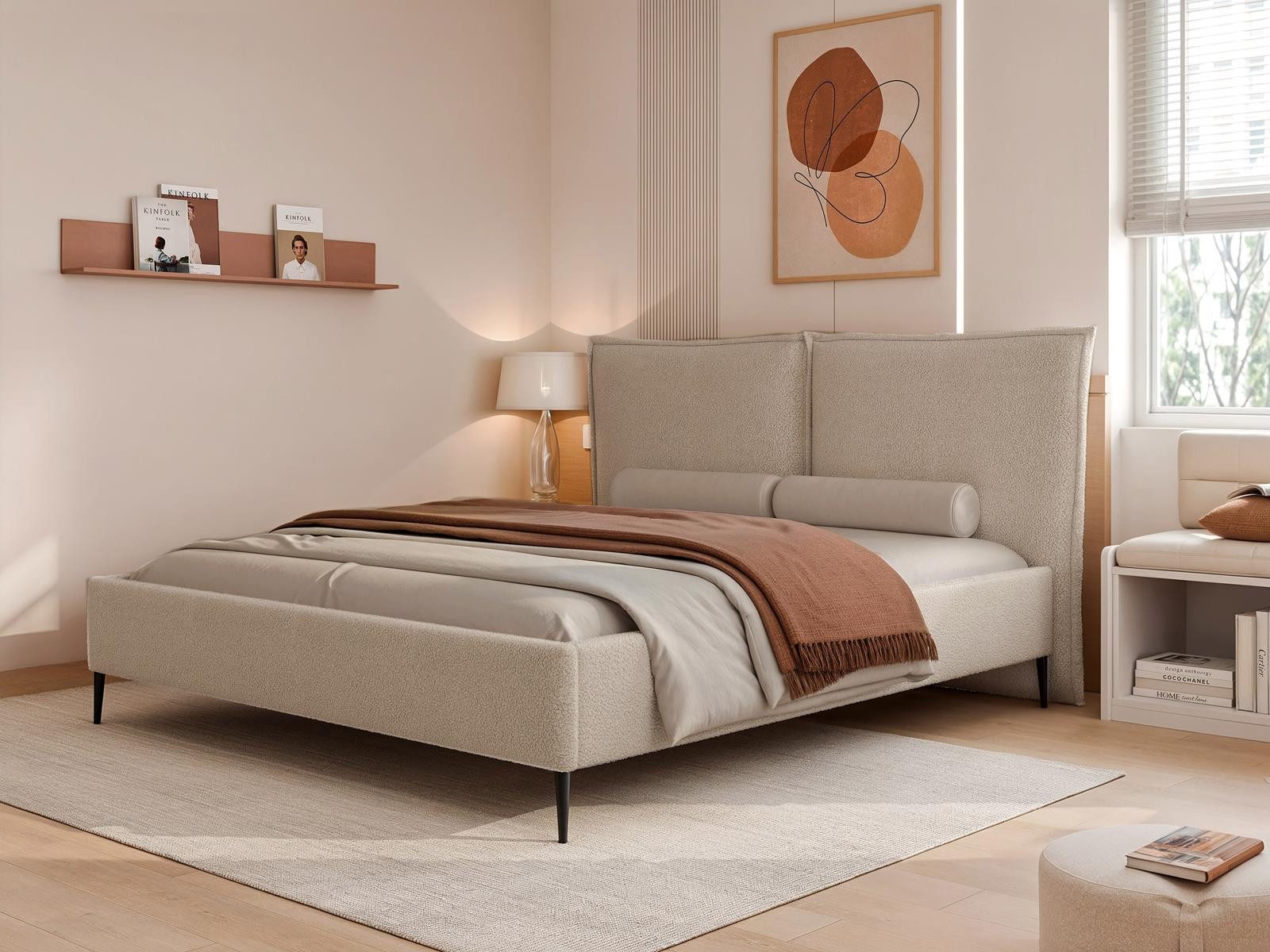Compleo Polsterbett Designerbett boucle, Modern design, hohe Füße, Doppelbett Stauraumbett, TOPSELLER