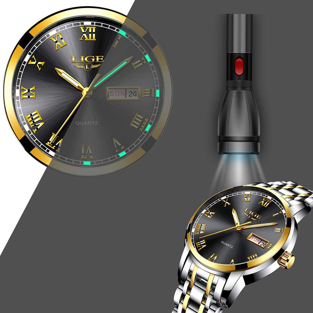 GelldG Uhr Business Schwarz Wasserdicht Sportuhr Mode analog Gold, Uhrenarmband Uhren Quarz mit