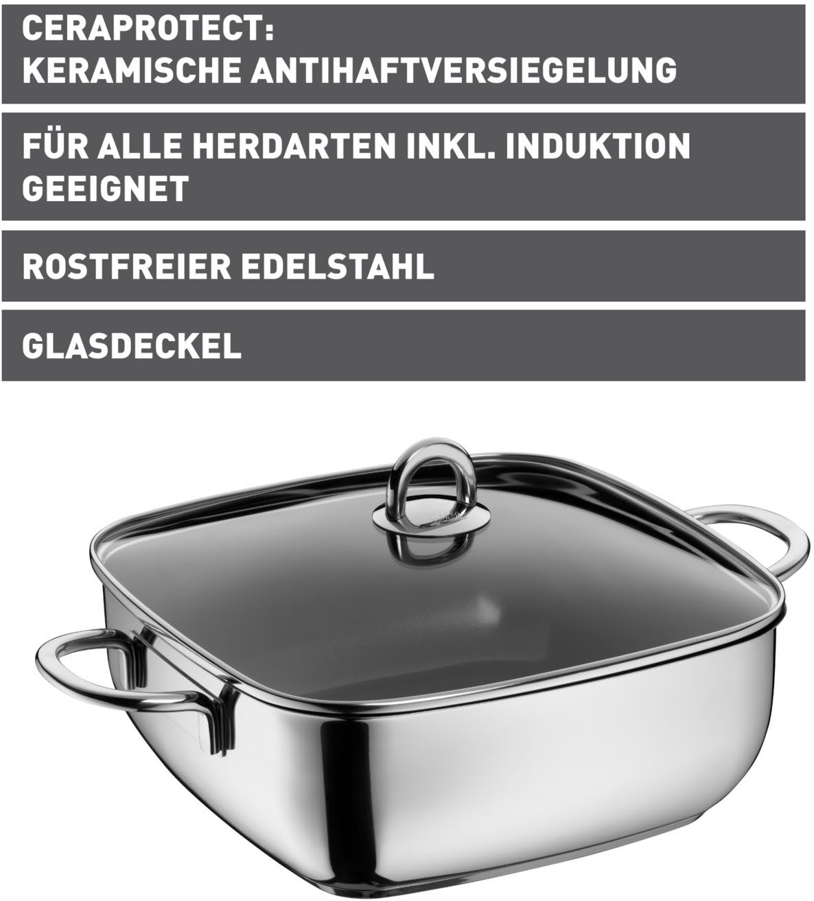 Silit Schmortopf Studio, beschichteter Bräter Induktion, Cromargan® Edelstahl Rostfrei 18/10, backofengeeignet bis 180°C, für alle gängigen Herdarten geeignet