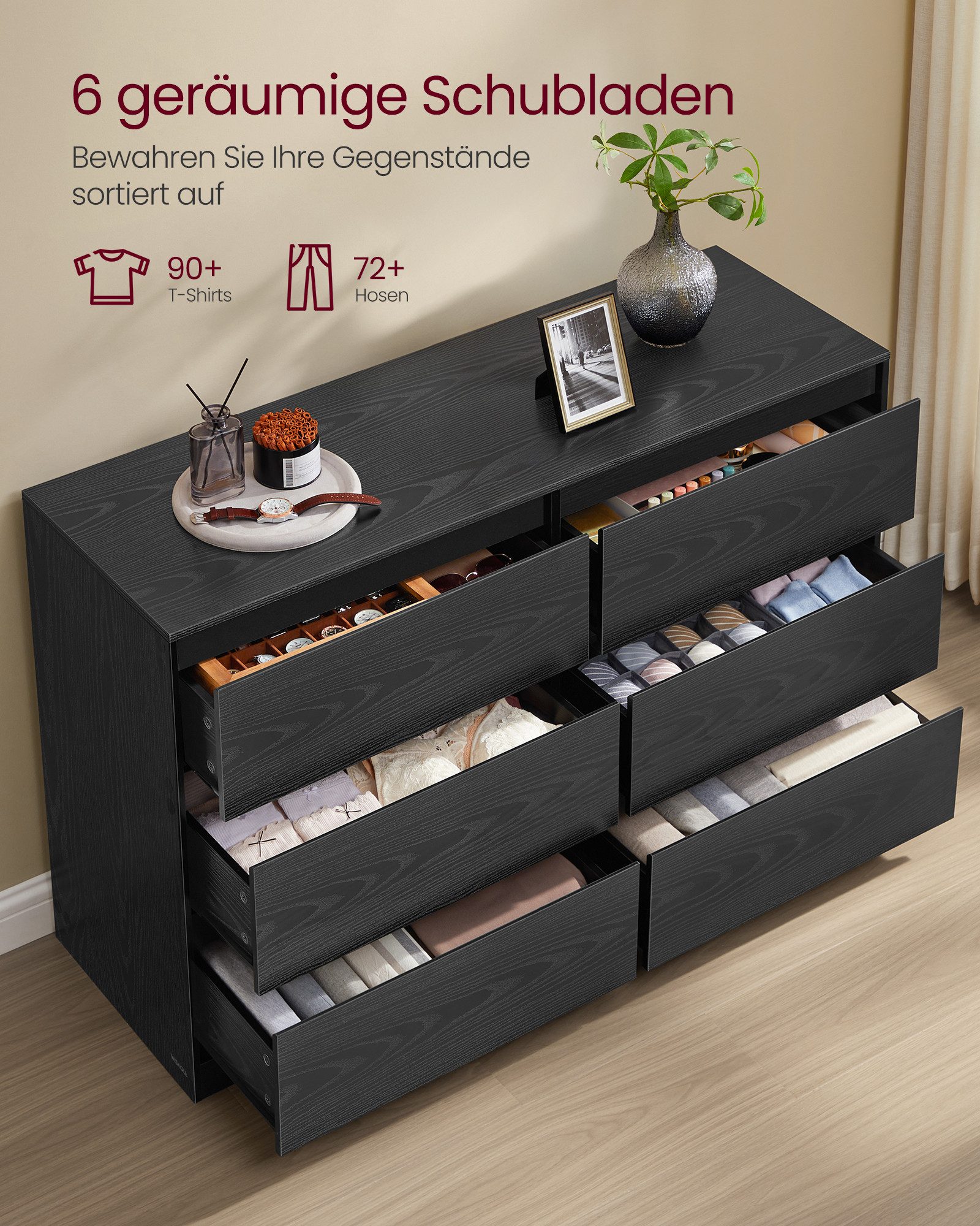 VASAGLE Kommode, mit 6 / 8 Schubladen, Aufbewahrungsschrank, Wäschekommode modern