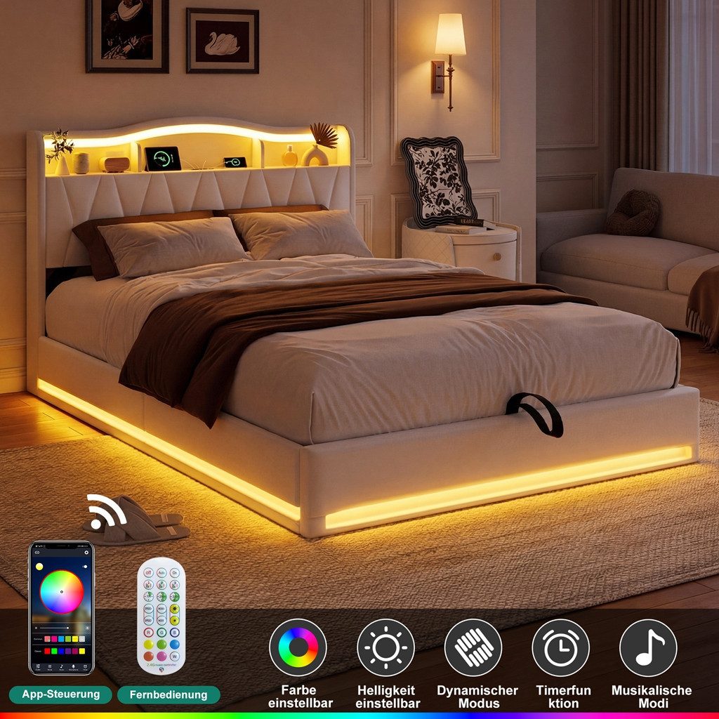 Simurq Polsterbett 140 x 200 cm Doppelbett mit LED Beleuchtung und Ladefunktion, Samt (LED, Ladestation, Hydraulisches Bett mit Bettkasten), Jugendbett Stauraum – Bild 4 von 5