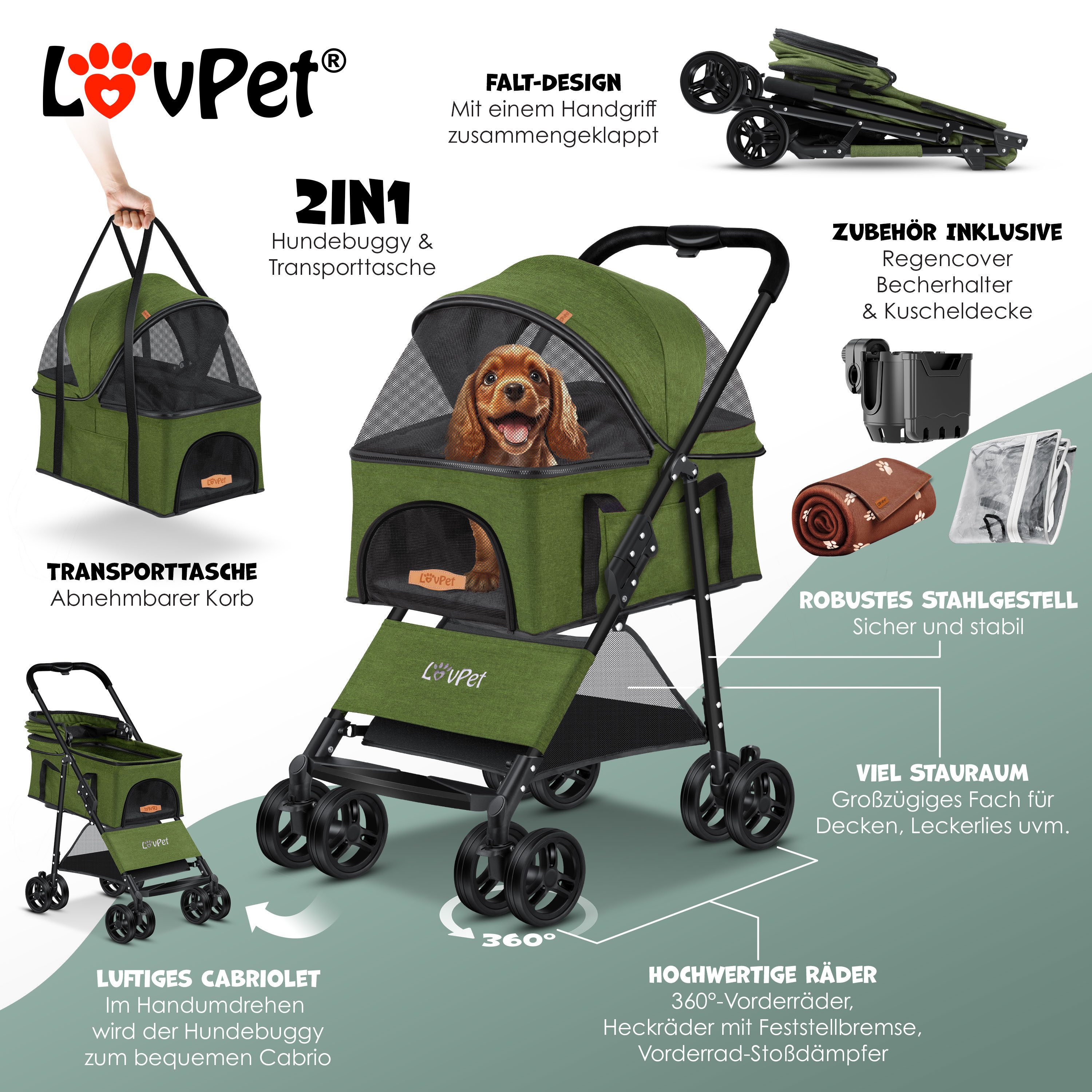 Lovpet Hundebuggy 2in1 Hundewagen max. bis 20kg Buggy für Haustiere, (Hundebox & Tasche mit Regenschutzabdeckung Getränkehalter Kuscheldecke), Haustier- & Katzenbuggy faltbar & klappbar mit Netzfenster