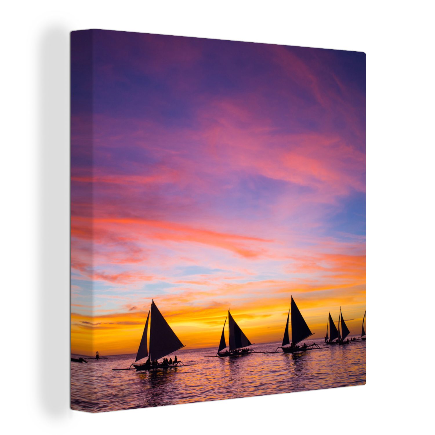 OneMillionCanvasses® Leinwandbild Sonnenuntergang mit Segelbooten am Strand von Boracay, (1 St), Leinwand Bilder für Wohnzimmer Schlafzimmer