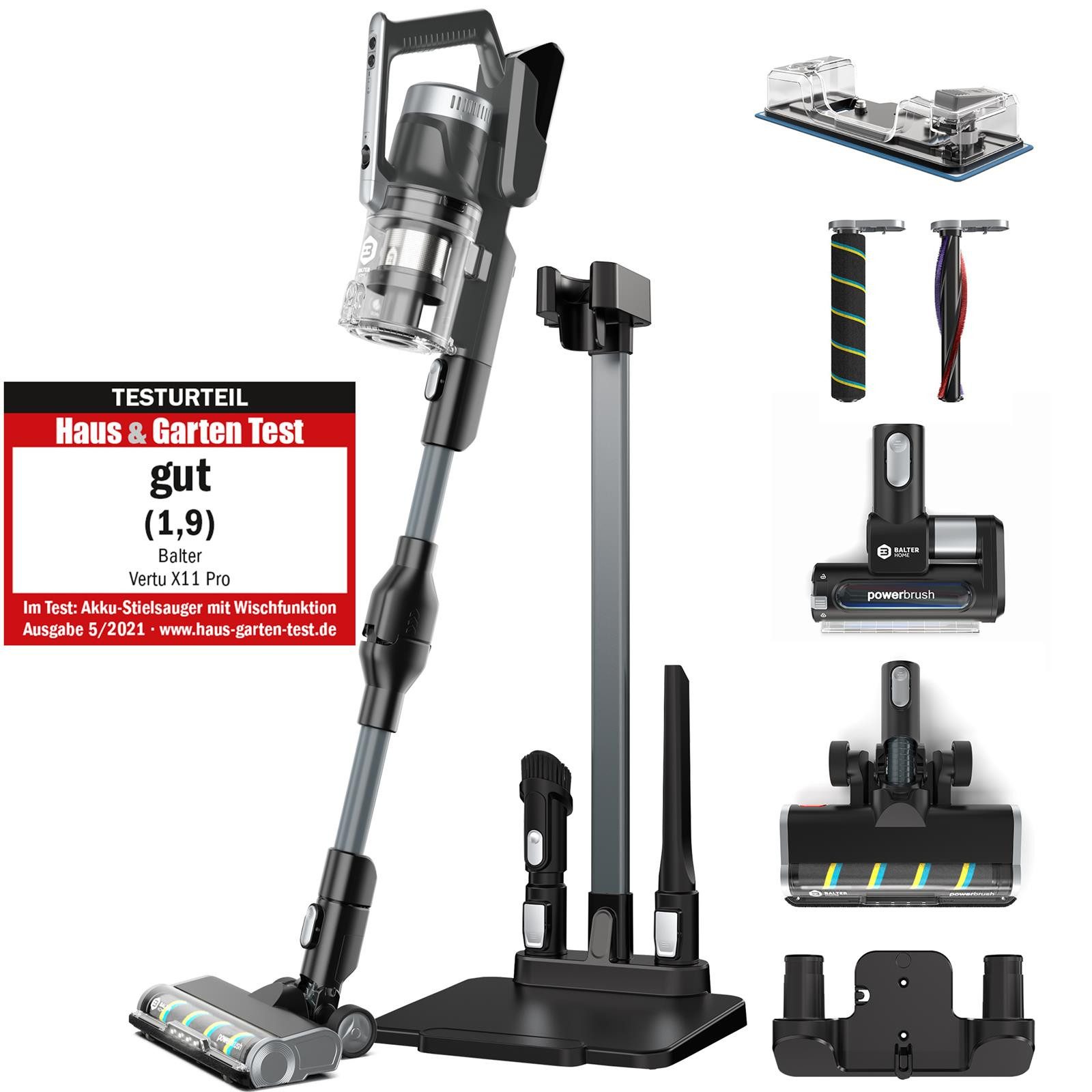 Balter Akku-Bodenstaubsauger Akku Staubsauger mit Wischfunktion, 350 W, Beutellos, kabellos, mit Wischfunktion, 350W, hohe Saugleistung, bis 50 Laufzeit