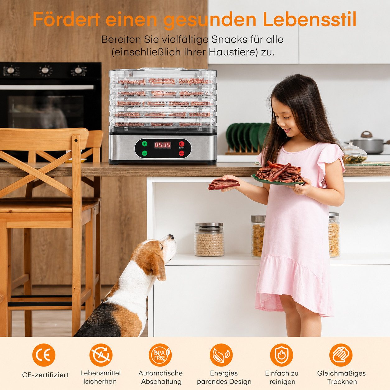 wohnTRAUM24 Dörrautomat Dörrgerät mit Temperaturregler, 72h-Timer, 5 Einlegefächer, 35-70°C 350 W, 5 Etagen, BPA-frei, Spülmaschinengeeignete Teile, für Obst, G – Bild 5 von 5