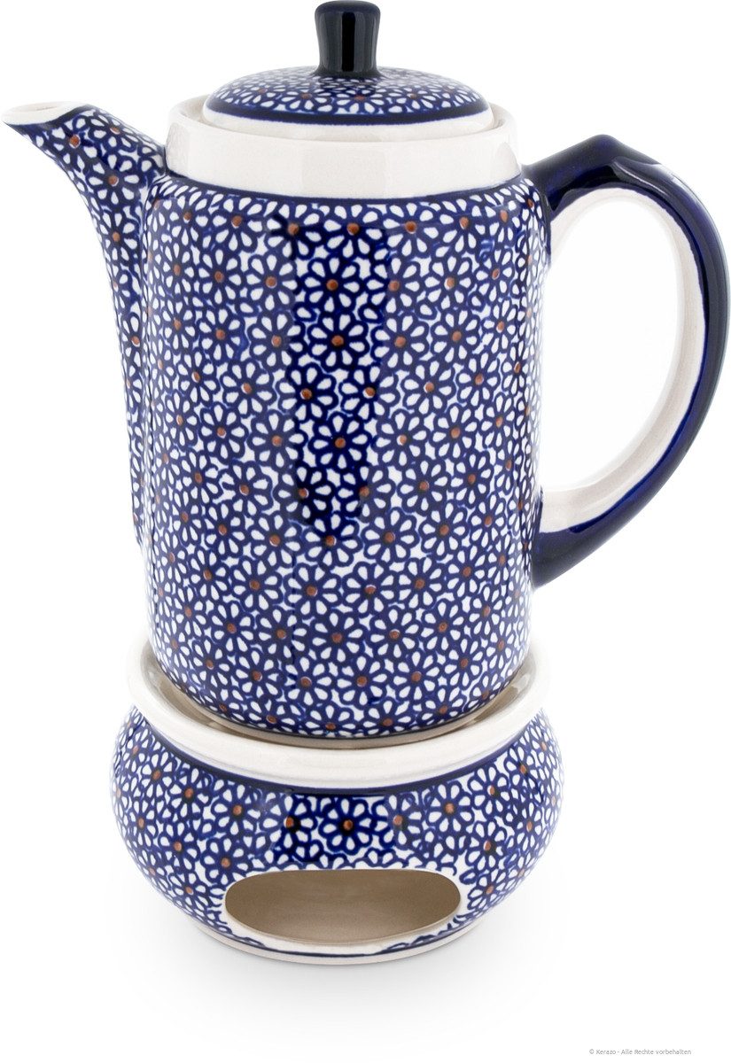 Bunzlauer Keramik Teekanne 1,25L Kaffeekanne mit Stövchen –geradlinig,zylindrische Form,Dekor 120, 1,25 l