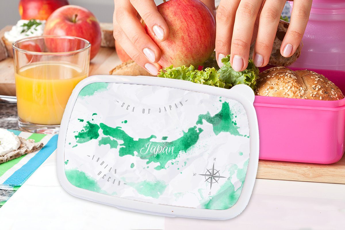 Mädchen, Weltkarte Snackbox, Kunststoff, MuchoWow - rosa Kunststoff Brotbox Kinder, Erwachsene, Brotdose - Windrose, Grün (2-tlg), für Lunchbox