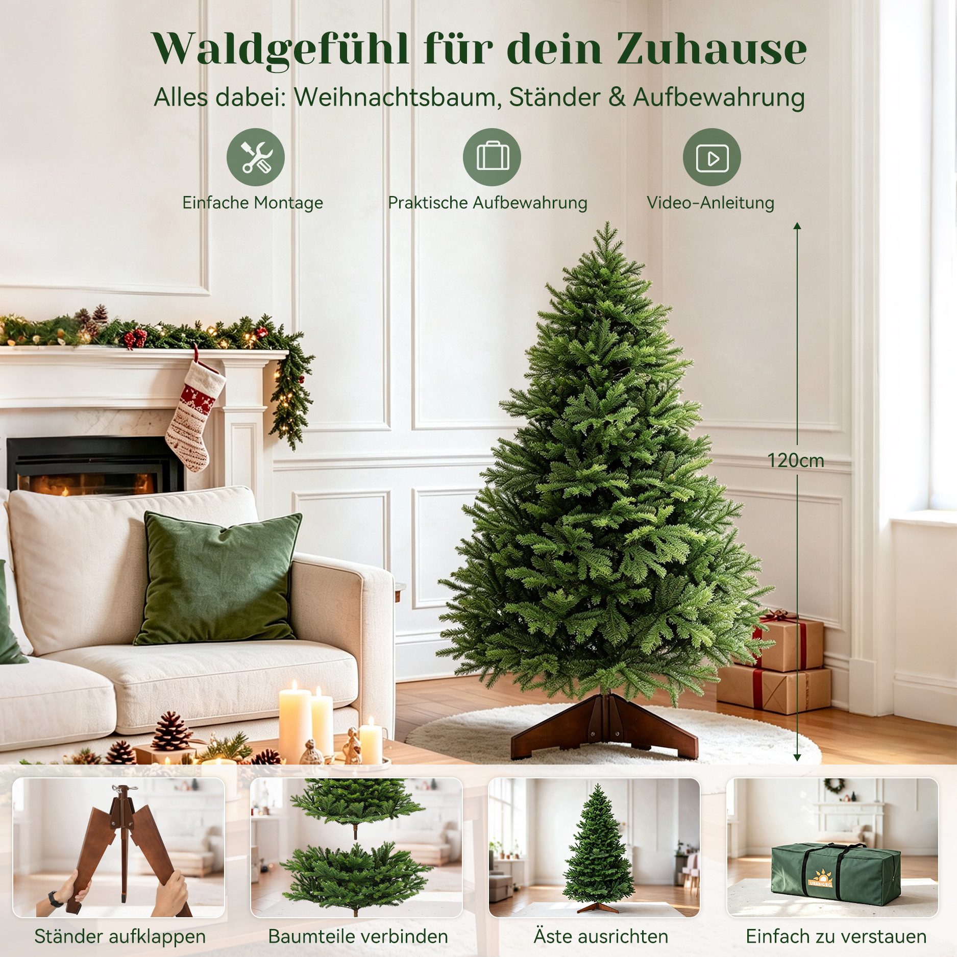 USOKYO Künstlicher Weihnachtsbaum Weihnachtsbaum 120/180/210 cm auswählbar,Tannenbaum aus PE und PVC, Tannenbaum, Naturgetreu,Dichte Zweige Christmas tree mit H – Bild 3 von 5