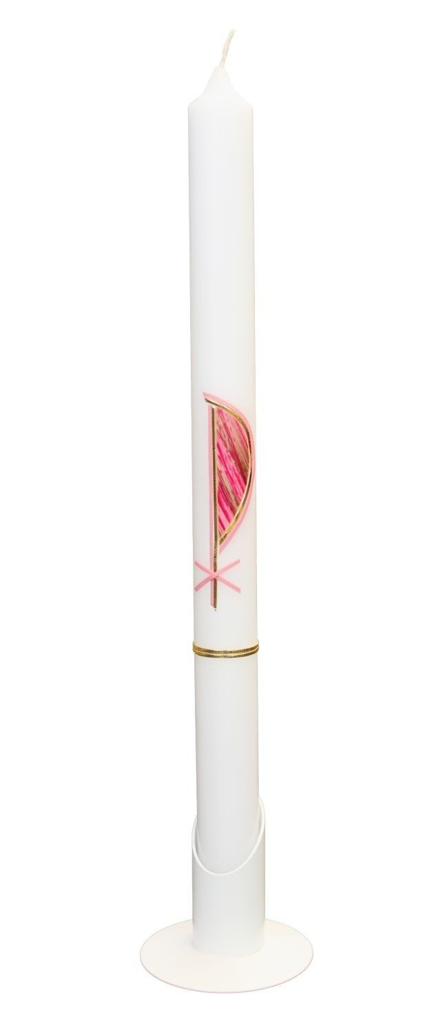 INNA-Glas Stumpenkerze Kirchenfeier Kerze ANNERIEKE, verziert, weiß-gold-rosa, 41,5cm, Ø3cm