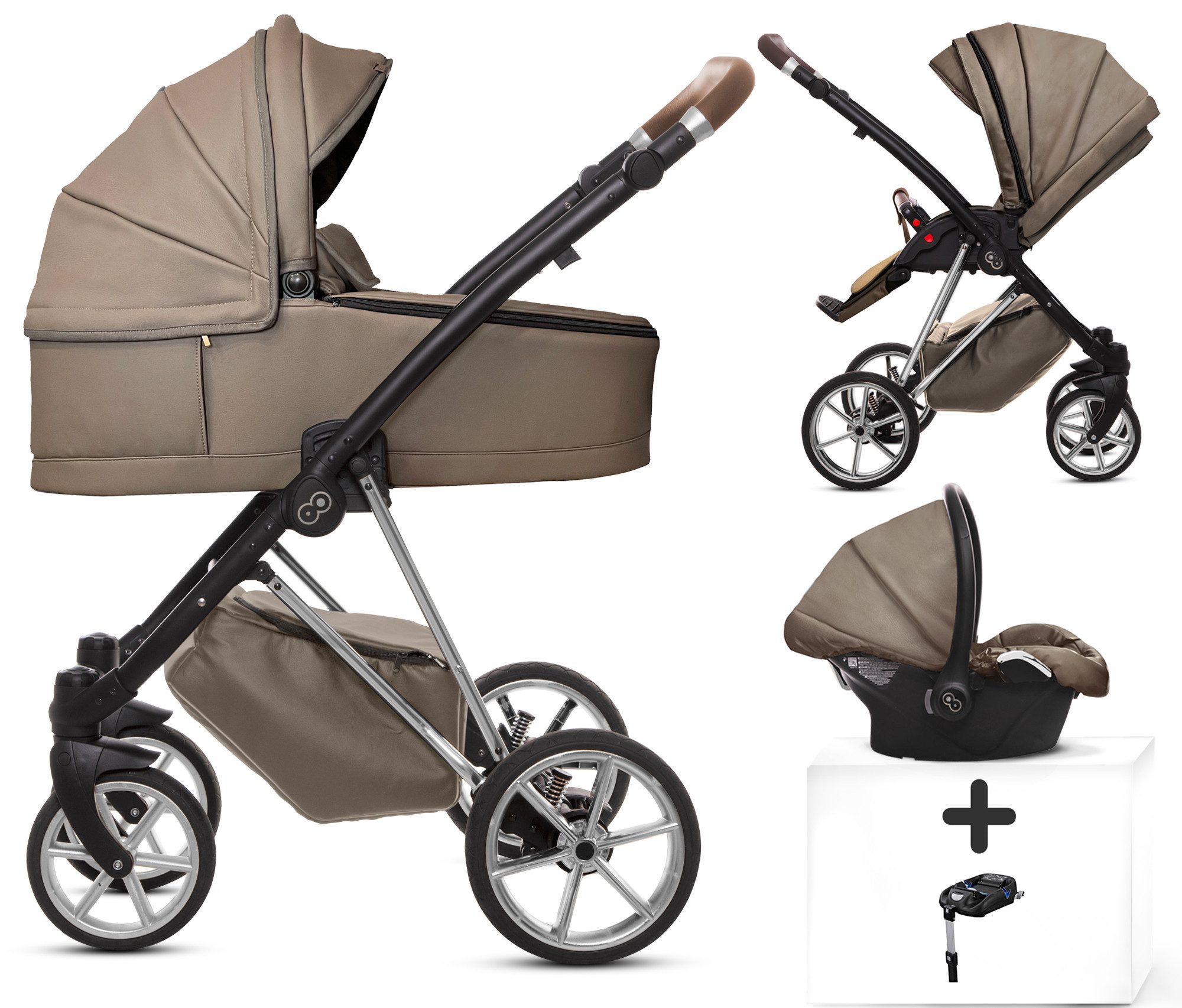 TPFFamily Kombi-Kinderwagen 4 in 1 Musse Royal, Baby Buggy Babywanne Autositz Isofix Basis, Zubehör-Set Коляски 4 in 1 Kunstleder Grau, Gestell Silber