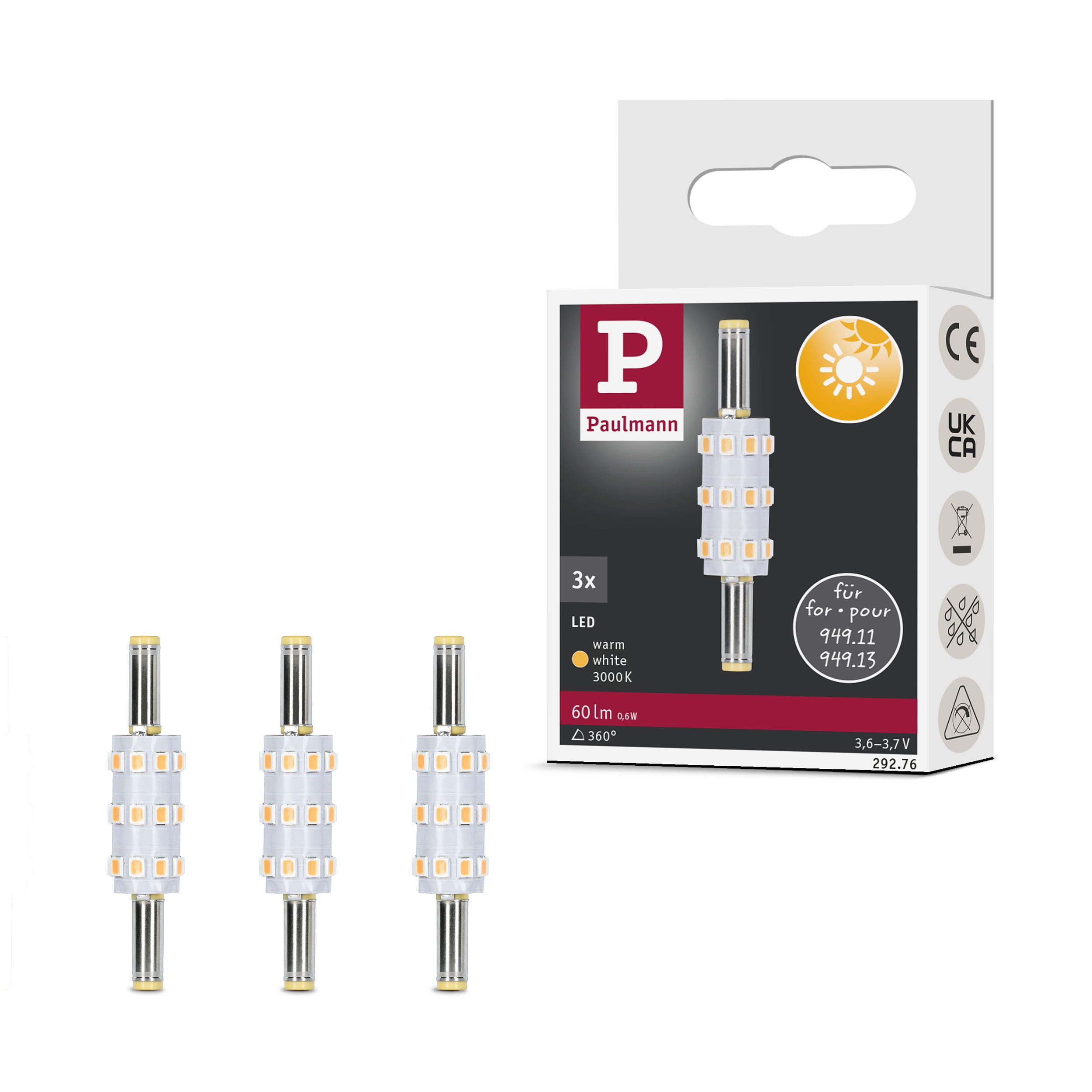 Paulmann LED-Leuchtmittel 3er Pack 60lm 3000K 3,6V, Niedervolt-Steckverbinder 5,5 mm/2,5 mm, 3 St., Warmweiß