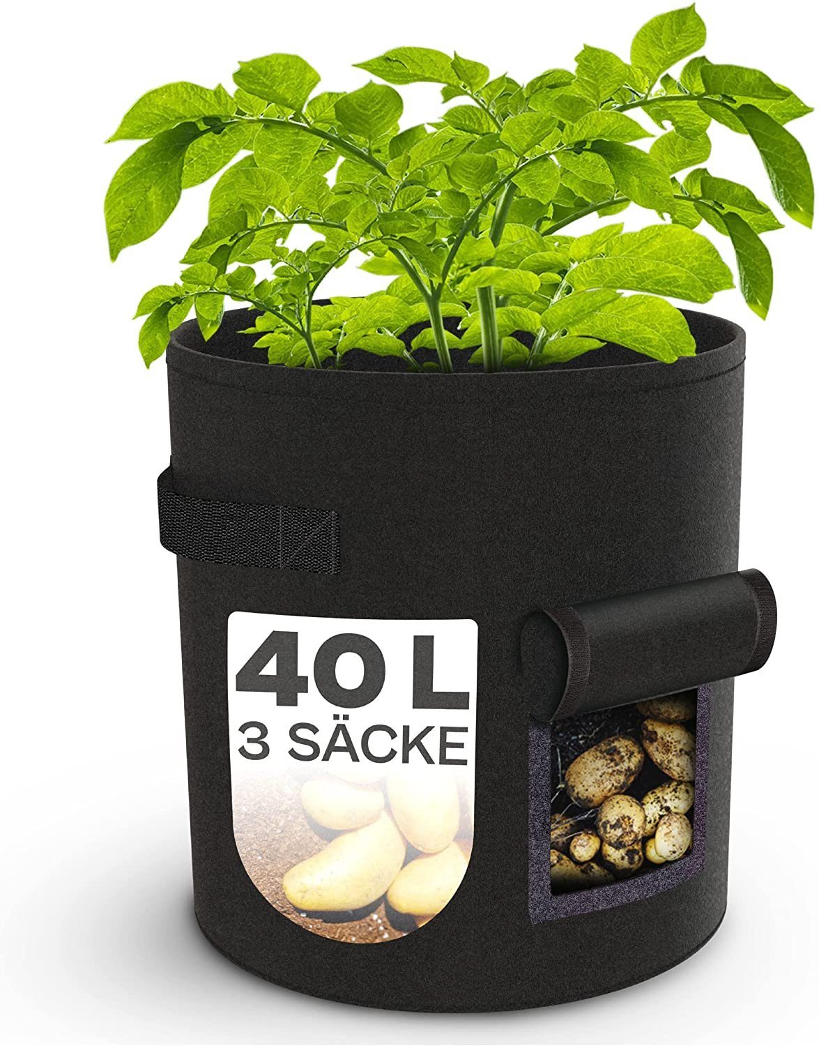 Set - Pflanzsack Wasserdurchlässig Kartoffelsack Pflanzsack Pflanzkübel Verstaubar Stecker 3er Groß 3x Sichtfenster und zum St., Beschriften Praknu Platzsparend Mit - - 3 40L 40L), (Set,