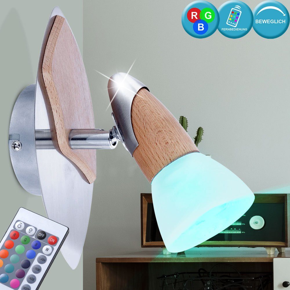 etc-shop LED Wandleuchte, Leuchtmittel inklusive, Warmweiß, Farbwechsel, Holz Wand Lampe beweglich Wohn Zimmer Fernbedienung Spot