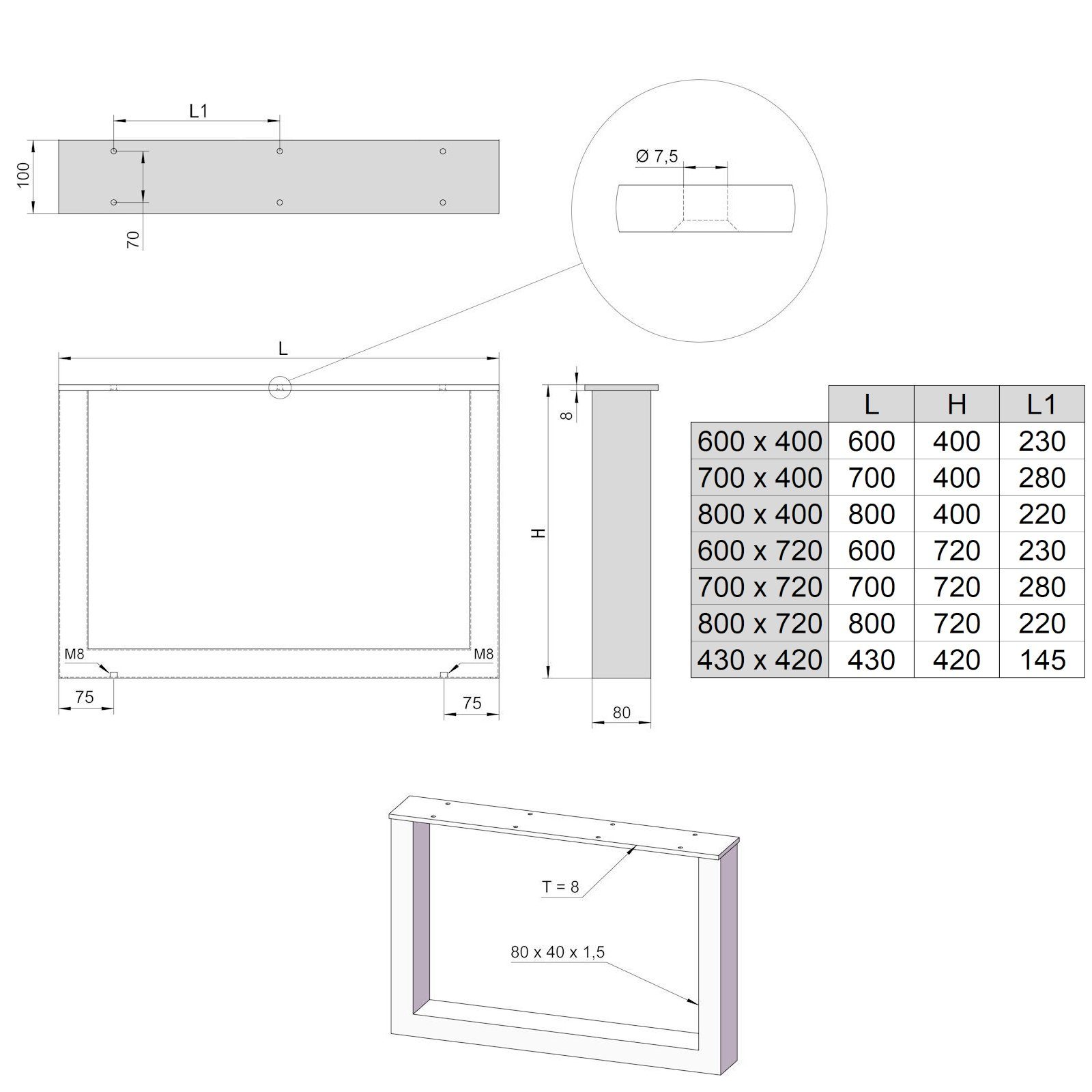 SO-TECH® Tischgestell TAB matt Stahl Höhe: Tiefe: bis und schwarz 800 mm 40 Profil 720 (1-St), x mm 80 mm