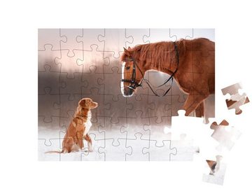 puzzleYOU Puzzle Pferd und Hund beim Spaziergang durch den Schnee, 48 Puzzleteile, puzzleYOU-Kollektionen Tiere