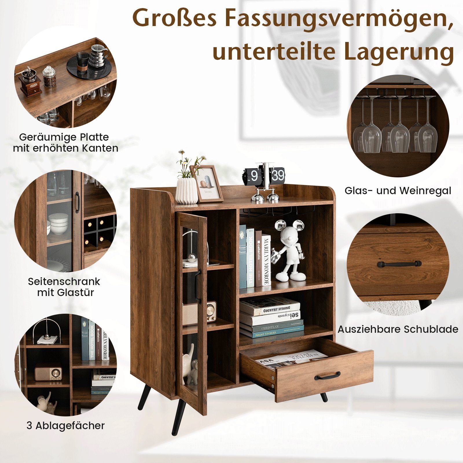 COSTWAY Weinschrank Barschrank mit 8 Flaschenregalen, Glashaltern, Schublade – Bild 4 von 5