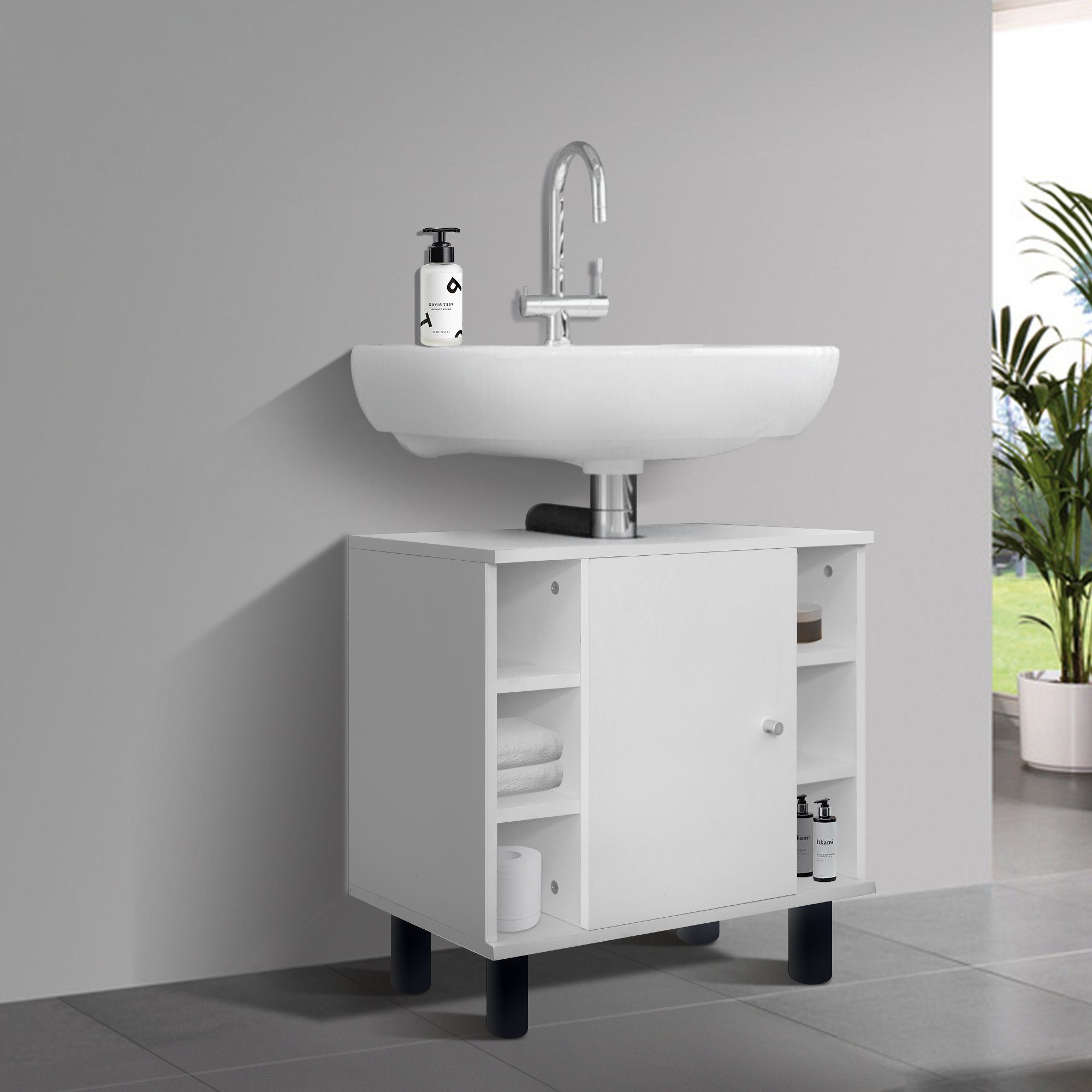 Badschrank Badezimmerschrank Weiß Stauraum viel mit Waschtisch ML-DESIGN 6 Waschtischunterschrank Waschbeckenunterschrank 60x54x32cm Aglagen Tür