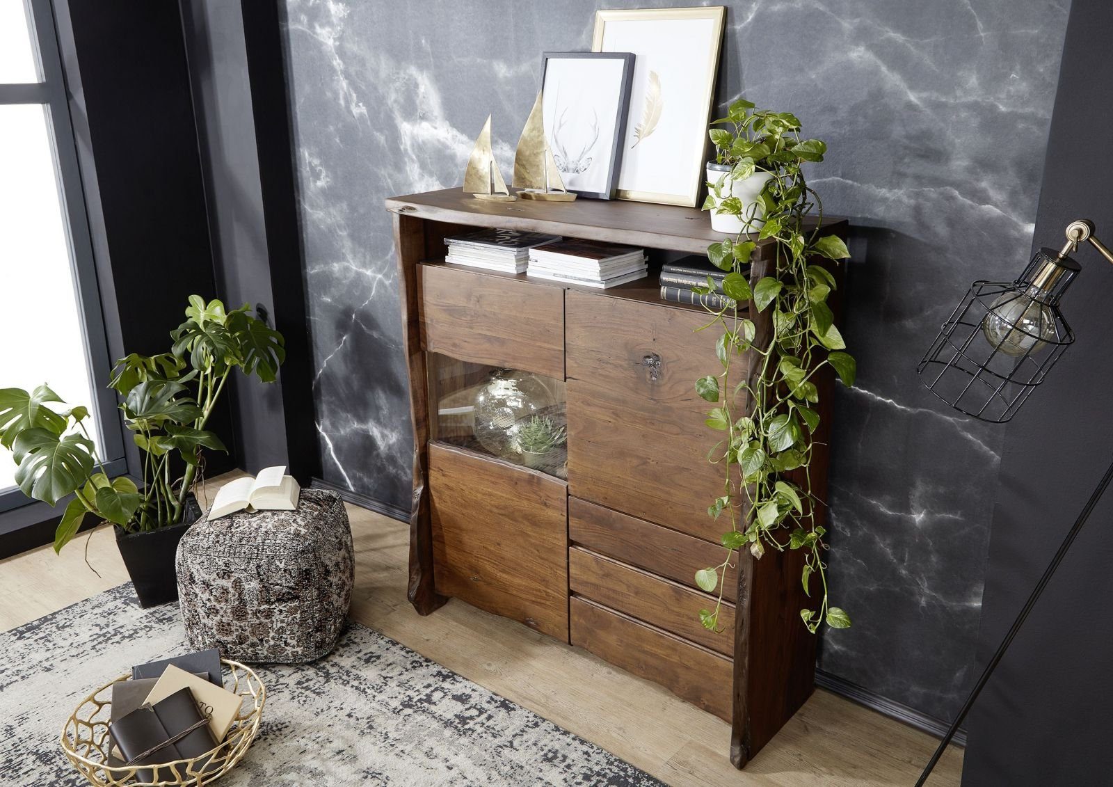 Massivmoebel24 Highboard PURE ACACIA (Massivholz), Highboard Akazie 131x45x147 braun lackiert PURE ACACIA #803