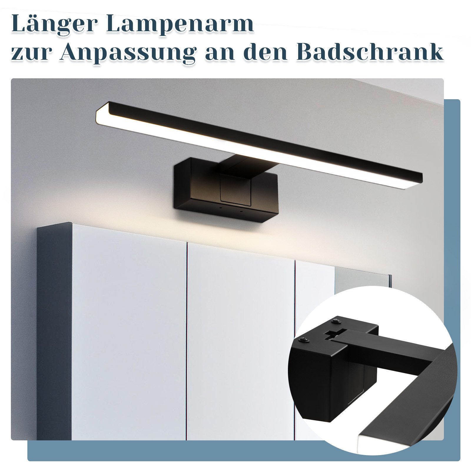 ZMH LED Spiegelleuchte Schwarz 30/40/60CM Spiegellampe 4000 K neutralweiß, LED fest integriert, Neutralweiß, Wandlampe für Spiegel und Schminkbereich – Bild 2 von 5