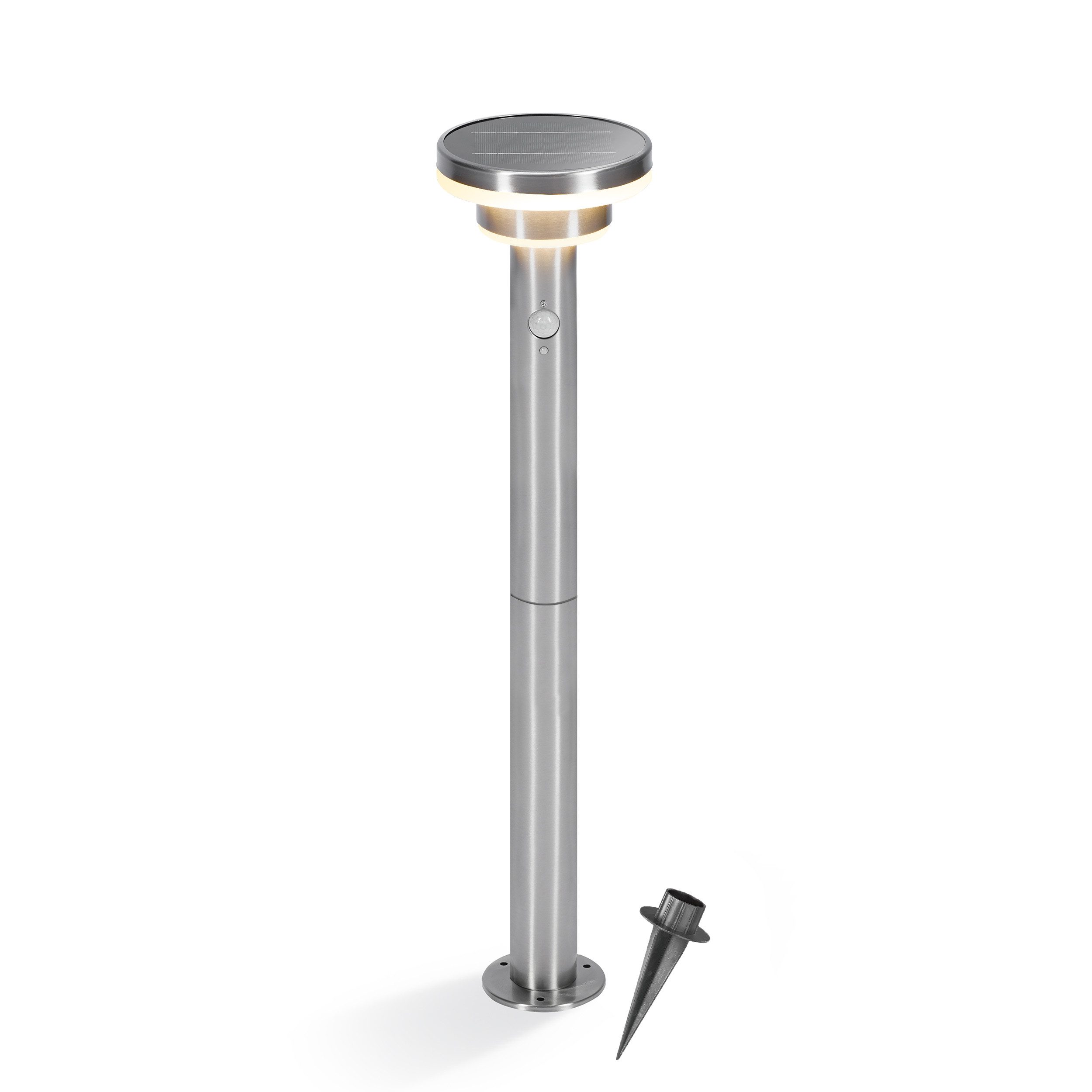 esotec LED Solarleuchte Edelstahl PIR-Standleuchte Modena H86cm 3 Modi 36 LEDs 3000K 102755, LED fest integriert