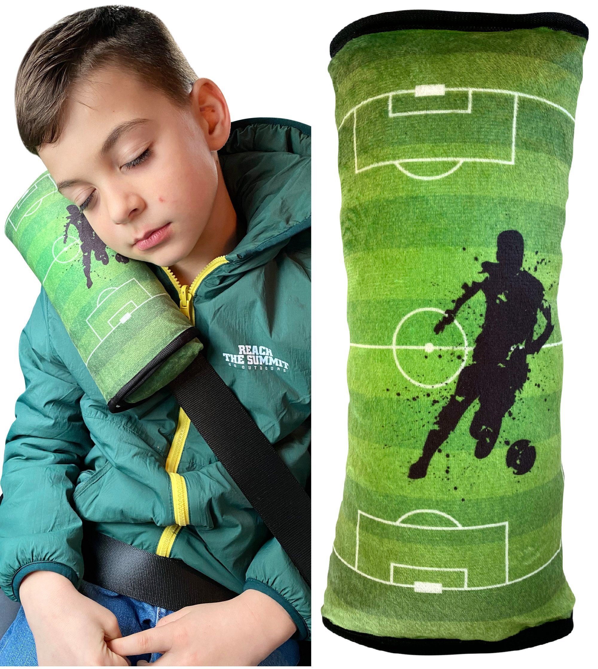 Schlafkissen Auto Schlafkissen Fussball Football Motiv für Kinder Mädchen Jungen - maschinenwaschbar – kuschelweich - Auto Gurtkissen, Gurtschoner, Gurtschutz Sitzerhöhung, Auto Kissen, Reisekissen, Urlaub, HECKBO