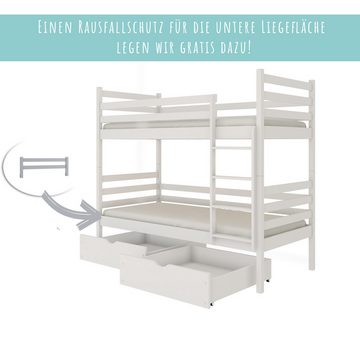 Kids Collective Etagenbett Hochbett 90x200 mit 2 Schubladen Kinderbett mit Rausfallschutz, in weiß, Funktionsbett, umbaubar in zwei Kinderbetten, Vollholz