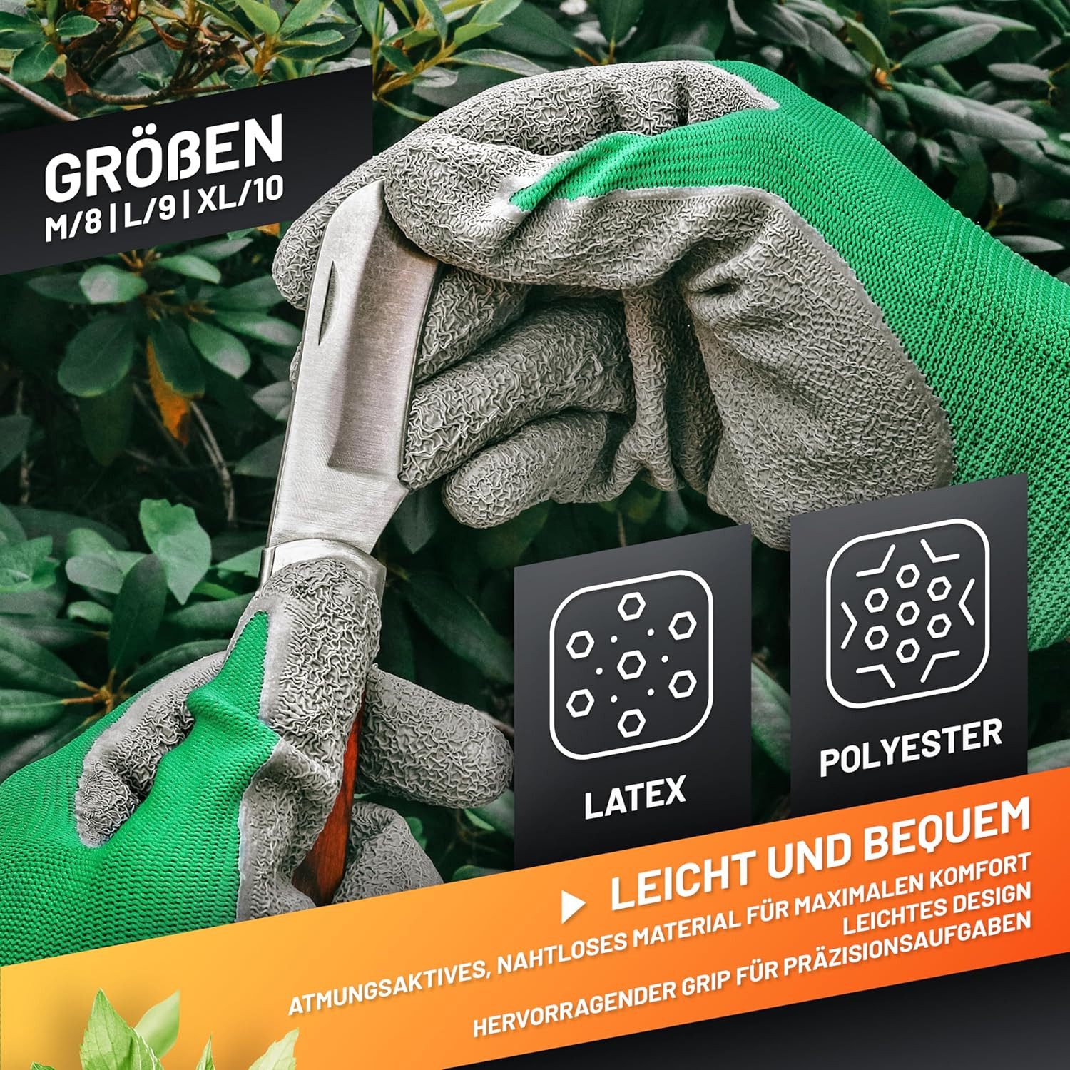 GRÜNTEK Gartenhandschuhe Schutzhandschuhe 5 Paar aus Polyesterfaser mit Latexbeschichtung (Set, 10-St., 5 Paar L/9) geeignet für den privaten und gewerblichen Gebrauch