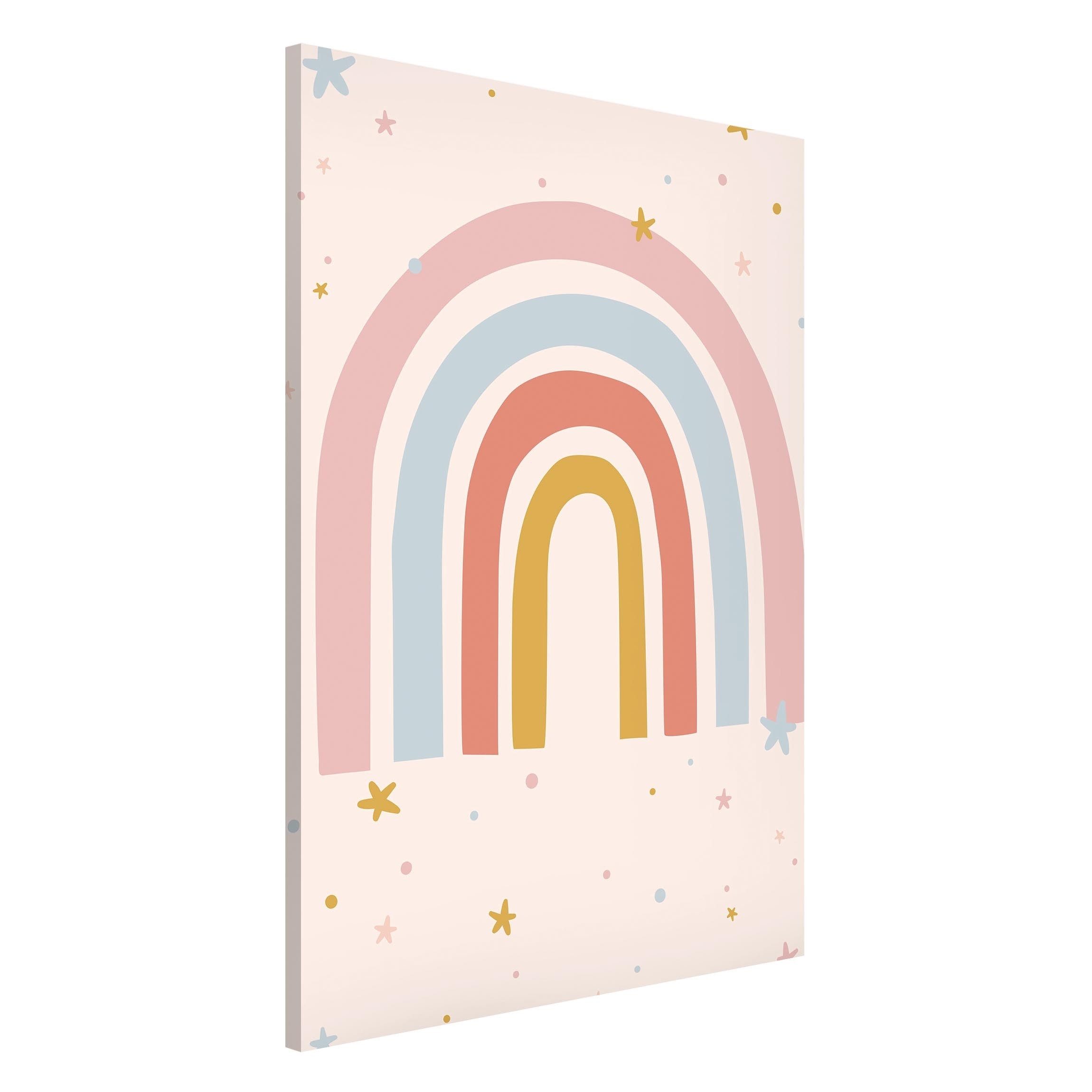 Bilderdepot24 Magnettafel Kinder pastell Großer Regenbogen mit Sternen und Pünktchen, (1-tlg., Magnetboard Pinnwand für die Wand - metallische Tafel für Magnete), Magnetwand groß mit Motiv Kinderzimmer Memoboard magnetisch Hochformat