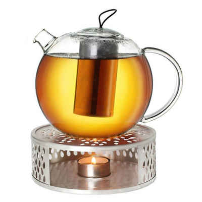 Creano Teekanne Creano Teekanne aus Glas 1,5l Jumbo + ein Stövchen aus Edelstahl, (Set), Mit Silikonschlaufe