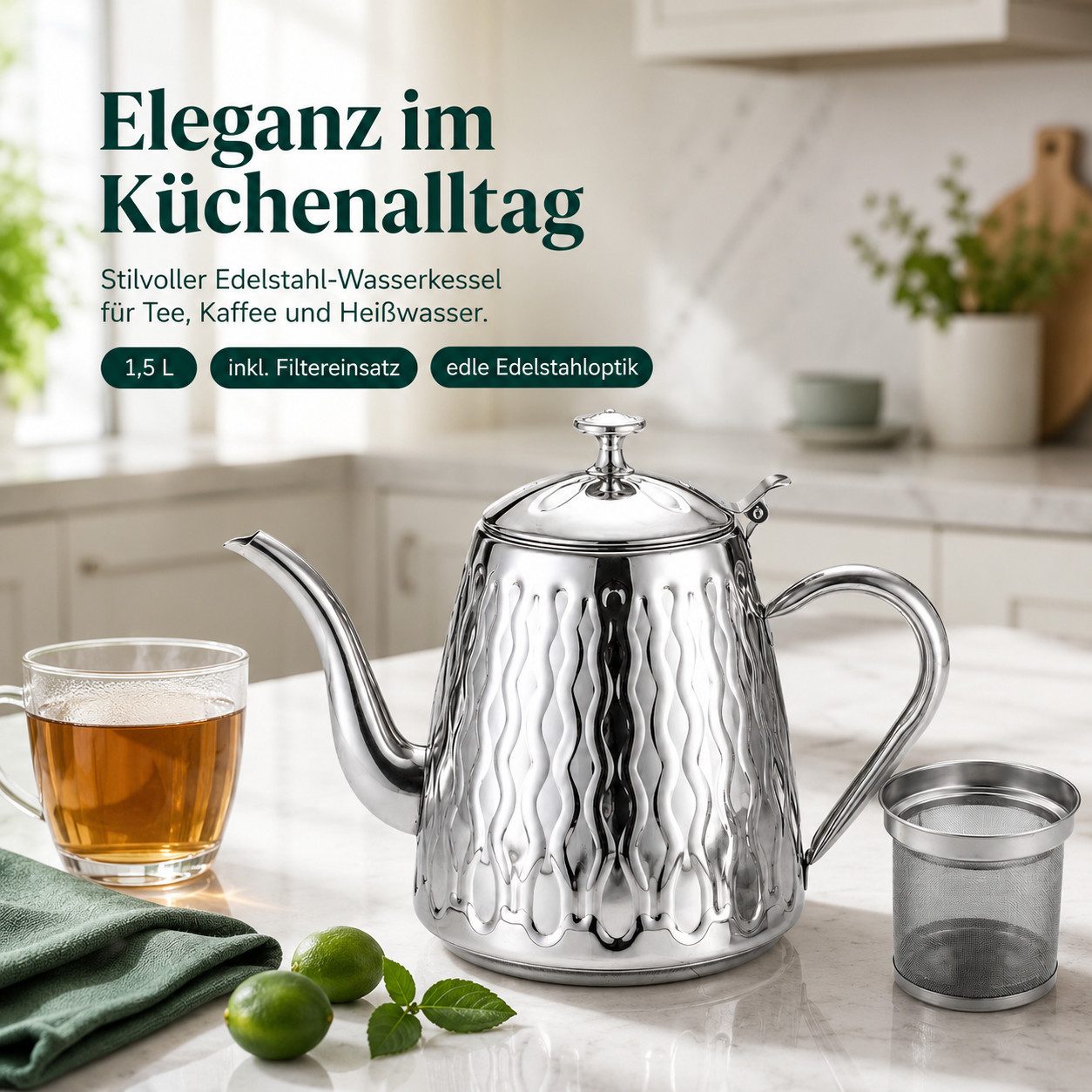 Tekoo Teekanne Edelstahl Wasserkessel 1,5 L mit Schwanenhals-Auslauf für Induktion, (Standard-Set, 2-teiliges Set), Schwanenhals, Inkl. Filter, Induktionsgeeignet, Wellendesign