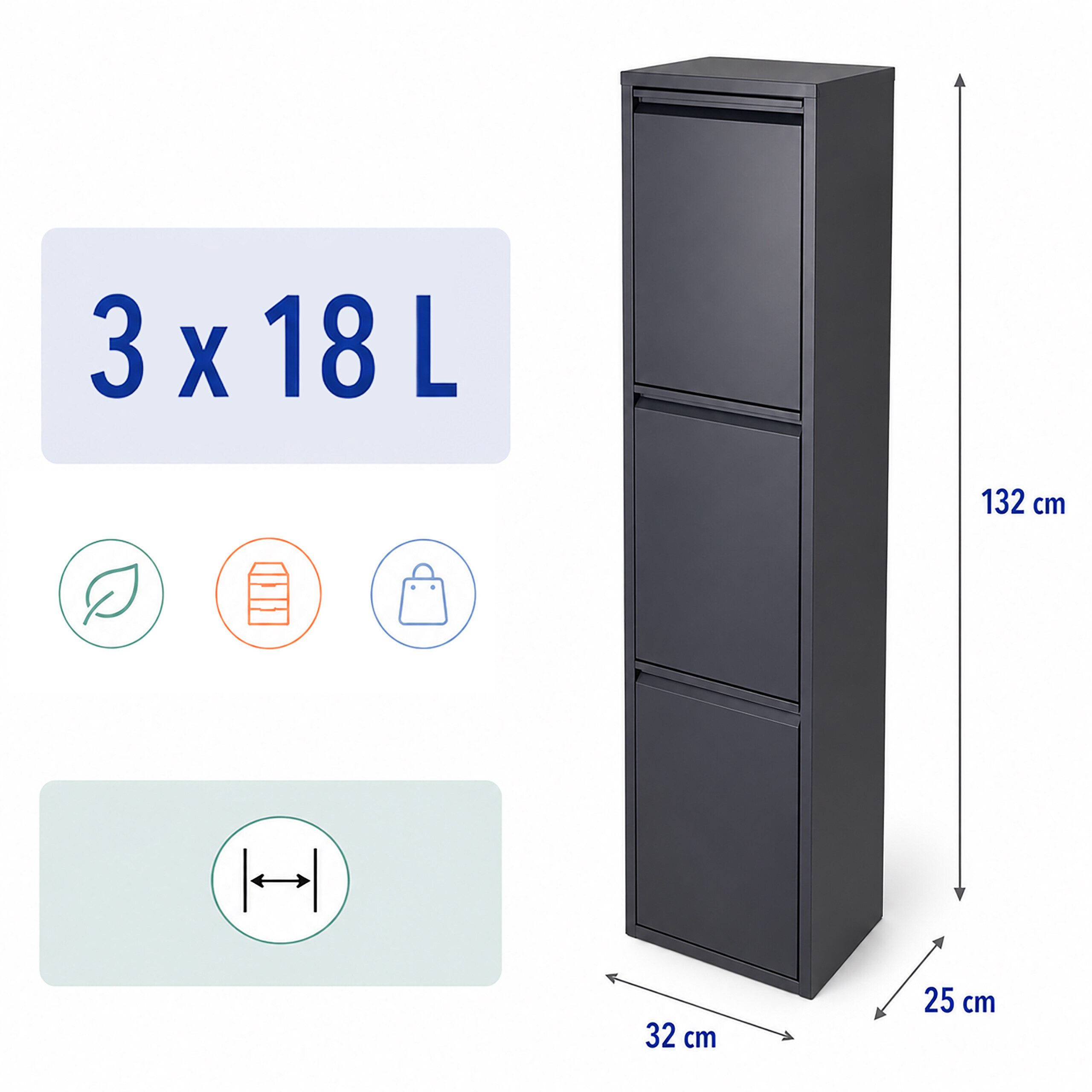 relaxdays Mülltrennsystem Mülleimer 3 Fächer 3x18 l, Anthrazit – Bild 4 von 5