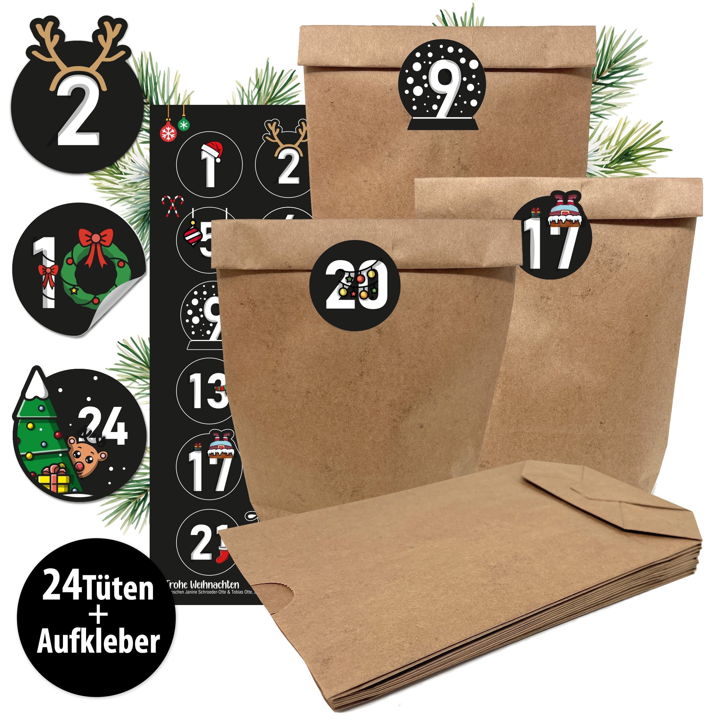 TOBJA Adventskalender Weihnachtskalender Advent 24 Zahlen Sticker (Set), Kraftpapiertüten mit Aufklebern Schwarz-Bunt