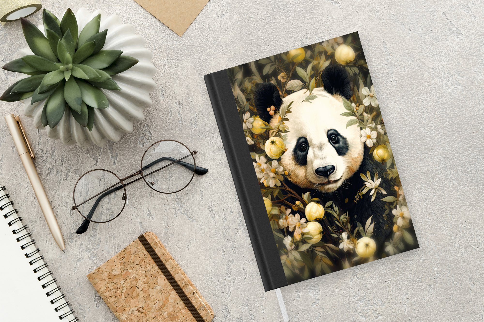 Panda - Seiten, 98 Journal, - Wildtiere Merkzettel, MuchoWow - Haushaltsbuch Tagebuch, Notizheft, A5, Pandabär Blumen, Notizbuch